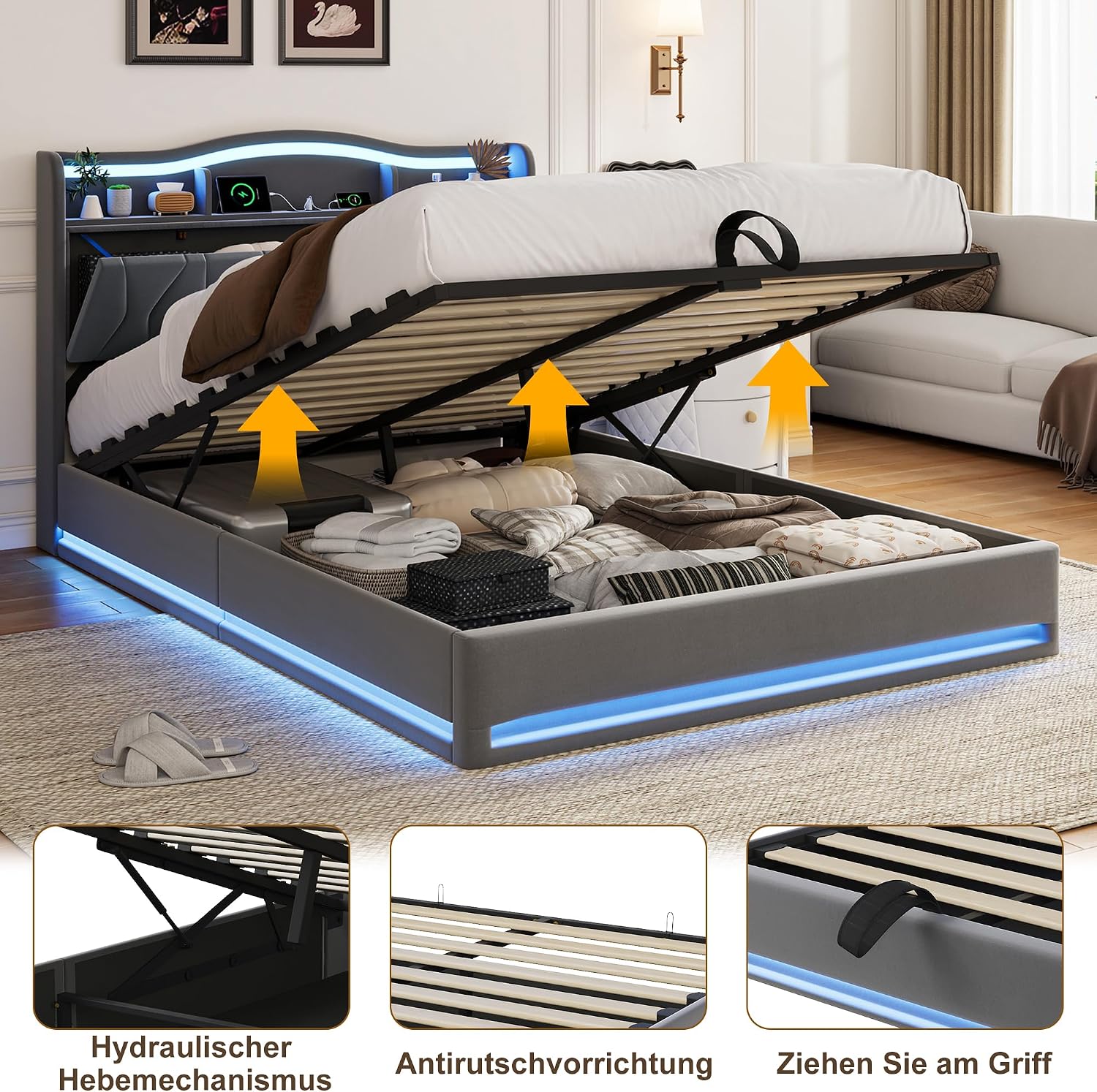 Lit Coffre BRILVERDE | LED RGB & Port USB | Sommier à Lattes | Tissu Lin | 90 à 160 x 200 cm