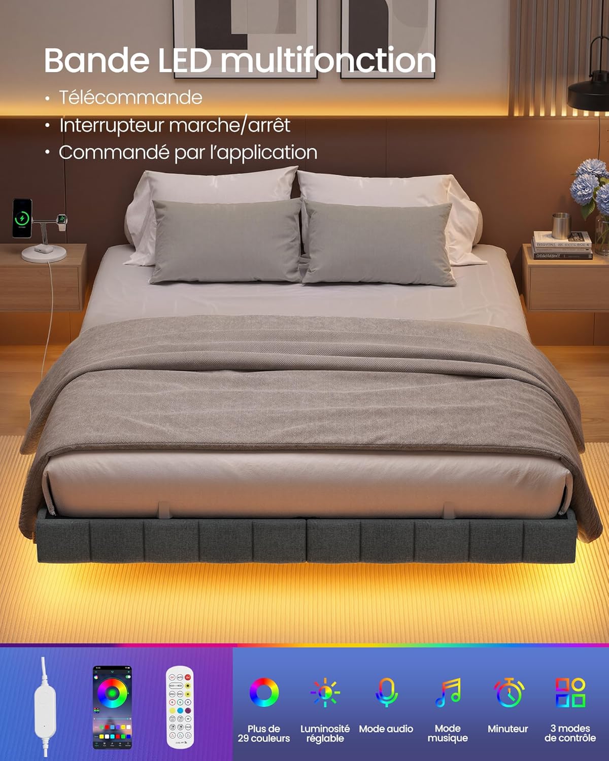 Cadre de Lit 90 x 200 cm avec Lumières LED & Prise Intégrée – Effet Flottant – Gris Ardoise – Charge 250 kg
