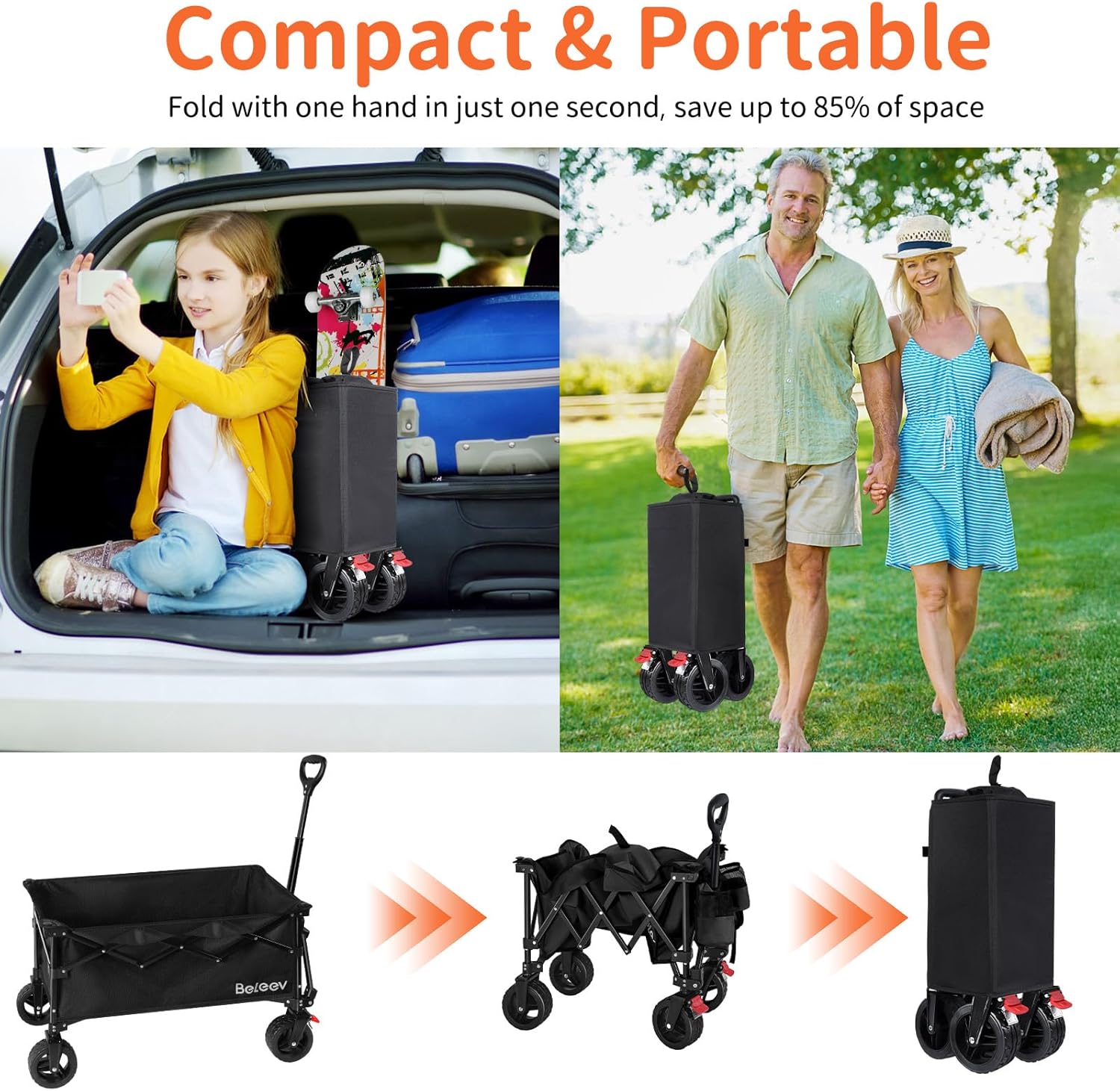 BELEEV Opvouwbare trolley met remmen, strandwagen 6 inch wielen voor alle terreinen, verstelbare handgreep, grote capaciteit van 130 l, 100 kg, voor buiten, camping, festival, BBQ, picknick, camping, zwart