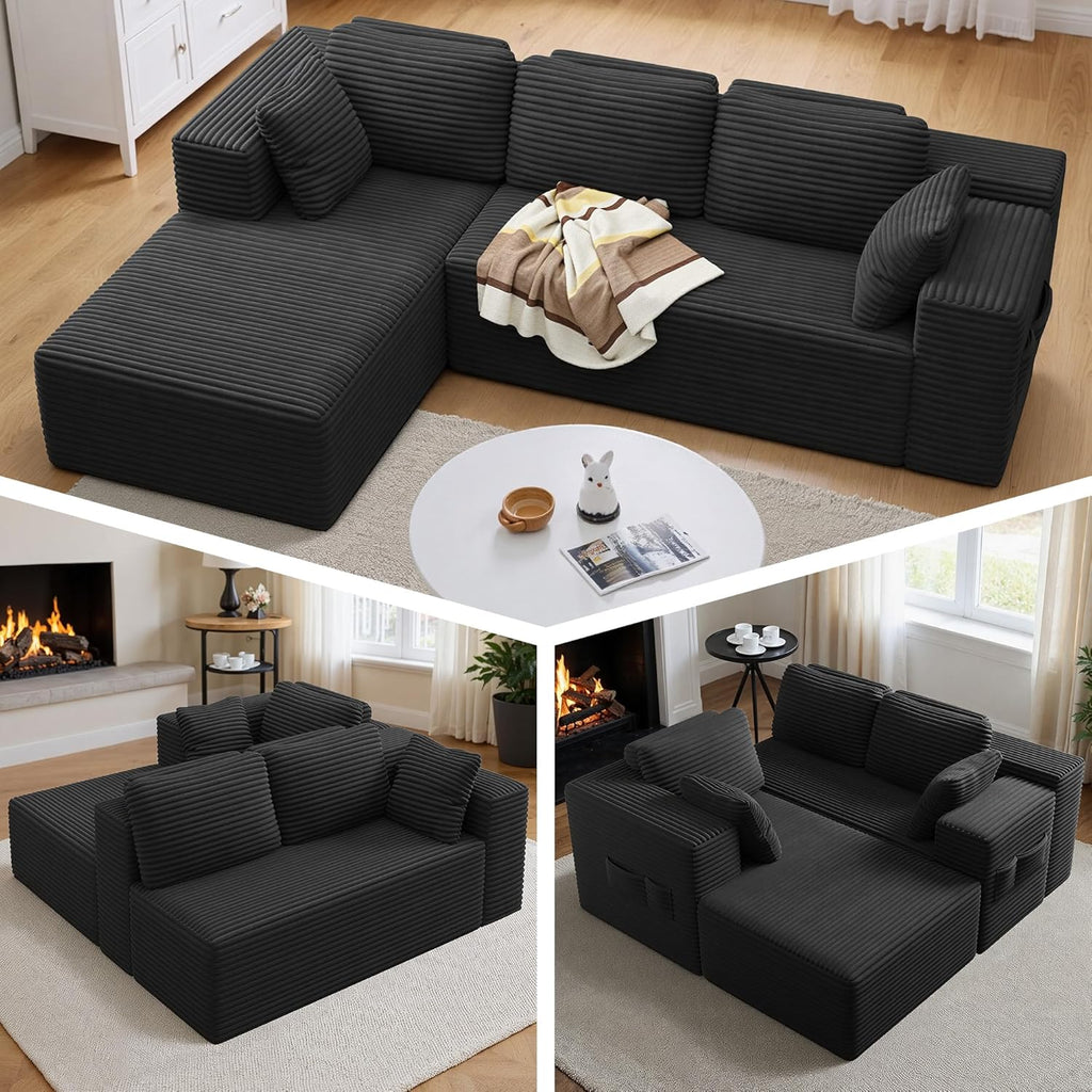 Canapé d'angle en L Xbro – 3 places – Méridienne gauche – Tissu côtelé gris foncé
