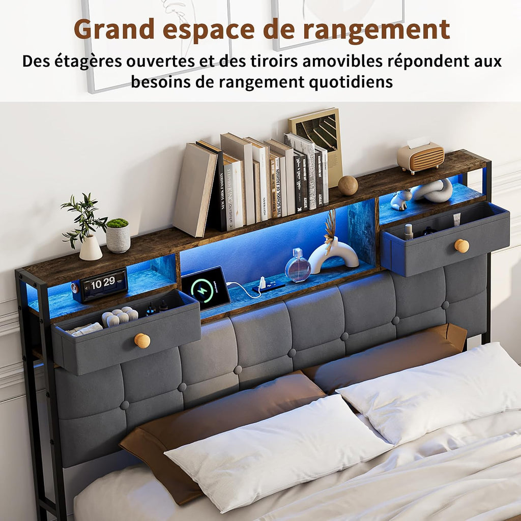 Lit Double 140x200 cm – 4 Tiroirs de Rangement, Éclairage LED +6000 Couleurs & Tête de Lit Réglable en PU