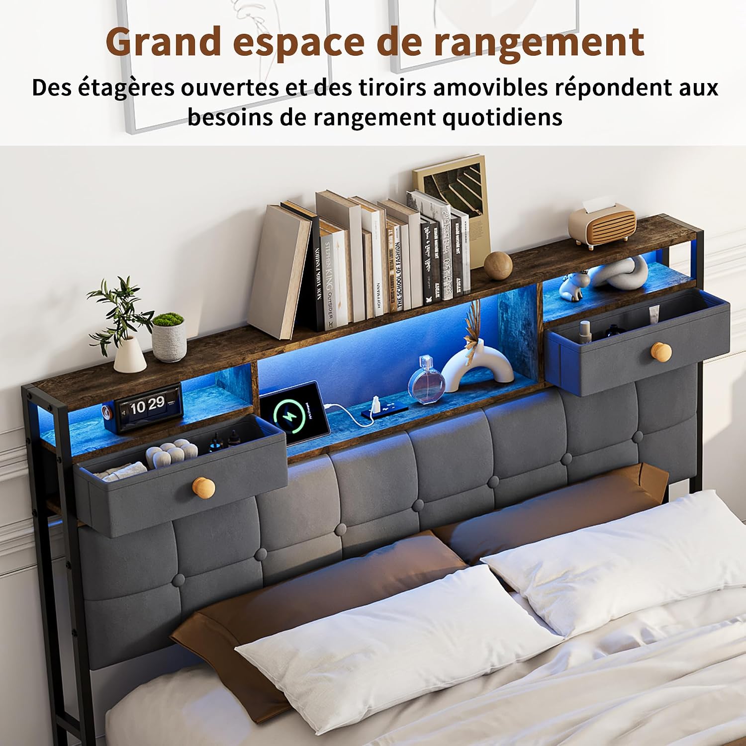 Lit Double 140x200 cm – 4 Tiroirs de Rangement, Éclairage LED +6000 Couleurs & Tête de Lit Réglable en PU