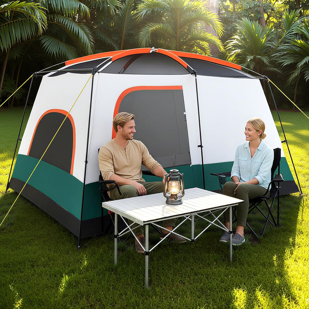 GYMAX Grote campingtent met luifel, 2 aparte slaapkamers, dakraam, afneembaar regenzeil, deuren en ramen, oprolbaar, voor buiten, concerten, picknick