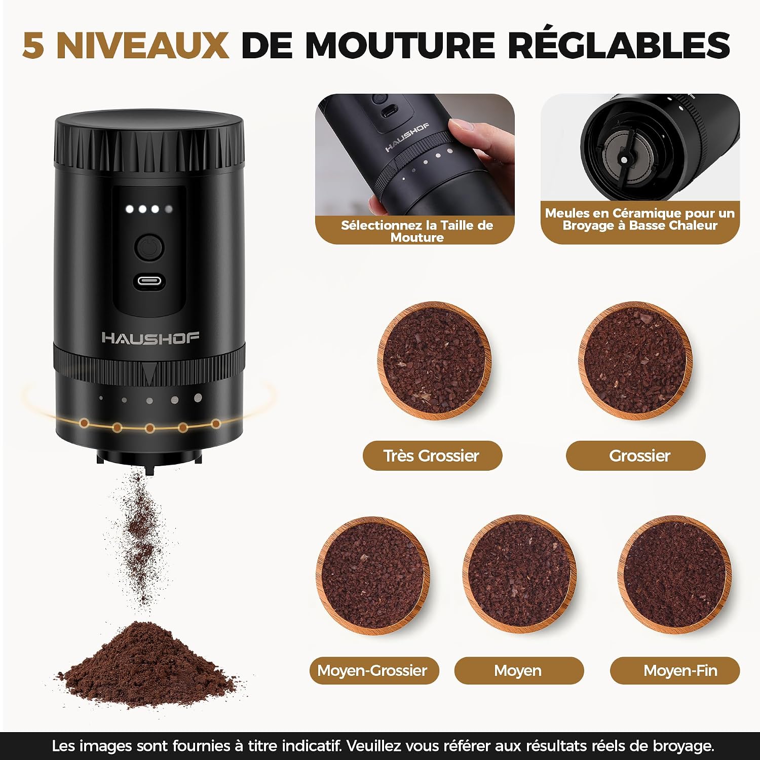 HAUSHOF Draagbare alles-in-één koffiezetapparaat met geïntegreerde molen, 5 maalinstellingen, USB-C oplaadbaar, 300 ml, ideaal voor reizen en kamperen, zwart