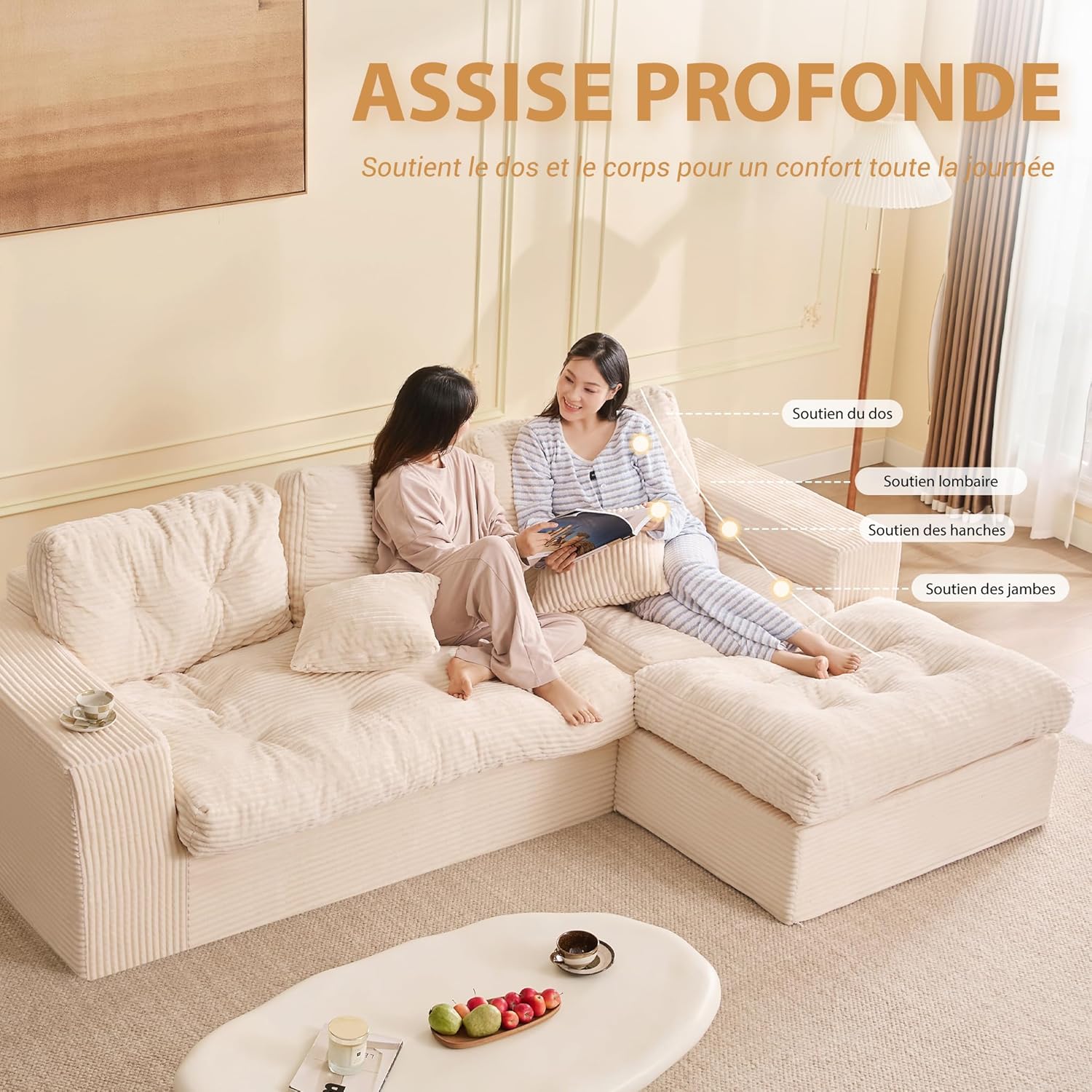 Canapé d'angle modulable Litbird – 3 places + pouf – Velours côtelé beige – Sans montage