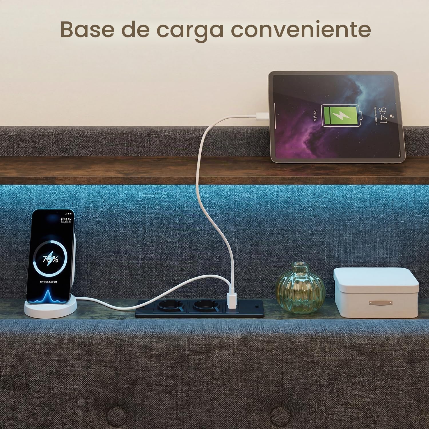 Lit Double 160 x 200 cm avec Éclairage LED & Prise Intégrée – Tête de Lit Capitonnée avec Rangement – Effet Flottant – Beige