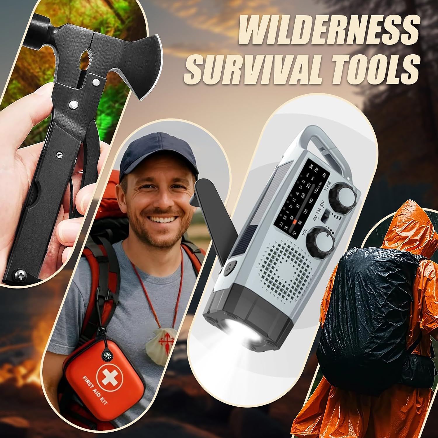 Gemmac 140 stuks EHBO-set met survivalmes, noodradio, draagbaar, multifunctioneel, complete survivalset, gereedschap voor mannen, thuis, reizen, jacht, kamperen, wandelen, accessoires, cadeau