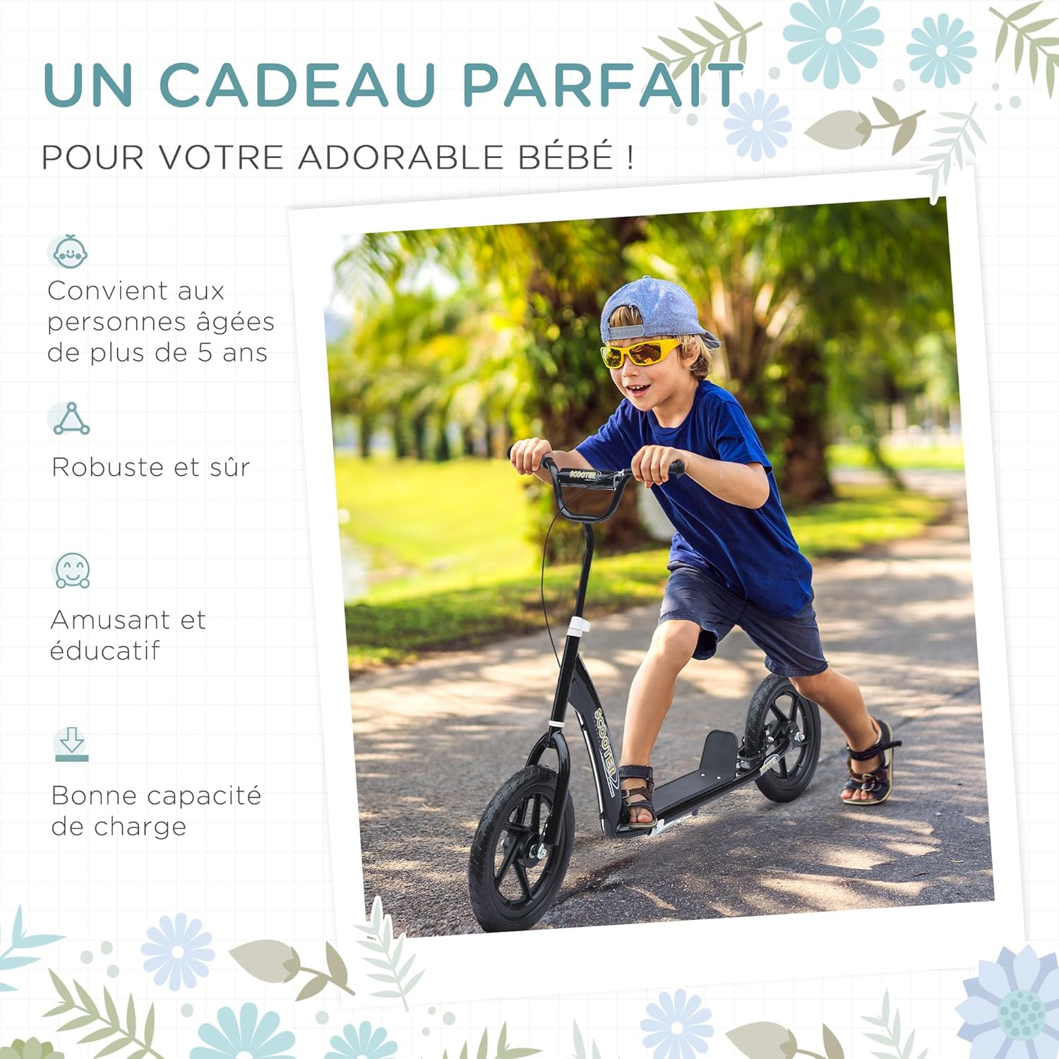 HOMCOM Scooter met banden, 30 cm, hoogte verstelbaar stuur, handgreep rem en standaard