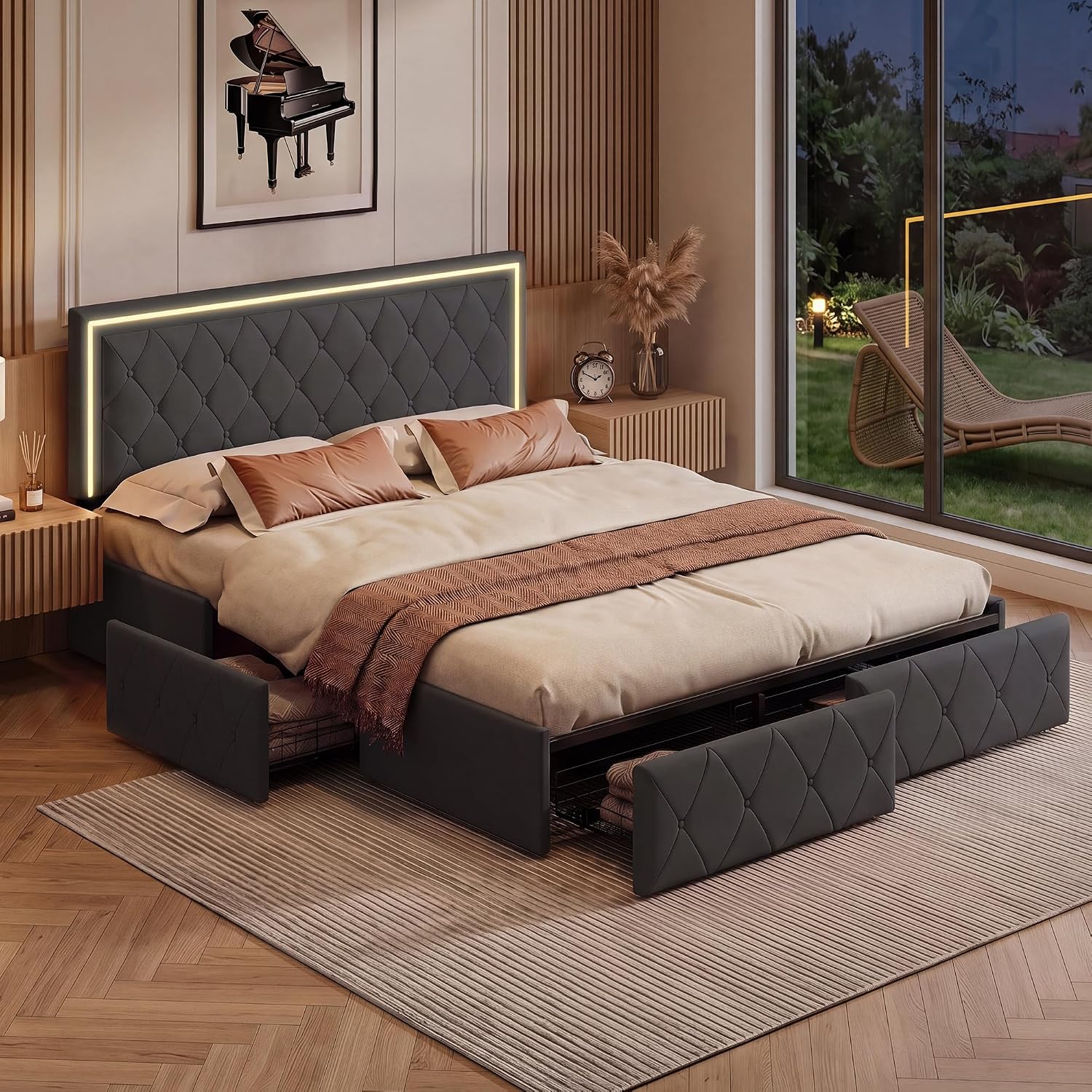 Lit Double 140x200 cm – 4 Tiroirs de Rangement, Éclairage LED +6000 Couleurs & Tête de Lit Réglable en PU