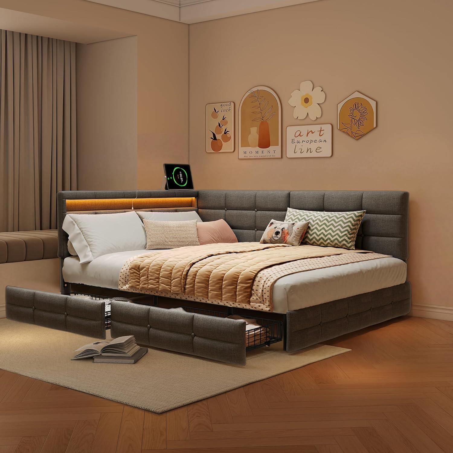 Canapé-Lit Convertible LKPOMI 2 Places — Velours Beige, Lit 180x200 cm