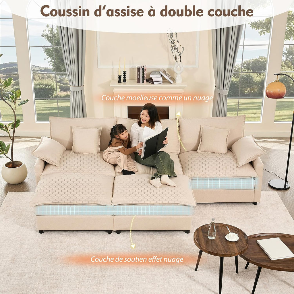 Canapé Modulable Litbird 3 Places — Velours Côtelé, Rose Pâle, Convertible