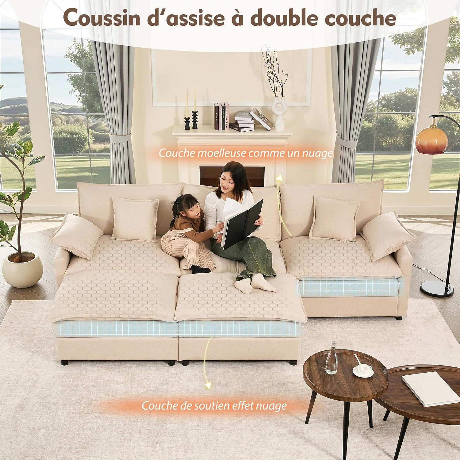 Canapé Modulable Litbird 3 Places — Velours Côtelé, Rose Pâle, Convertible