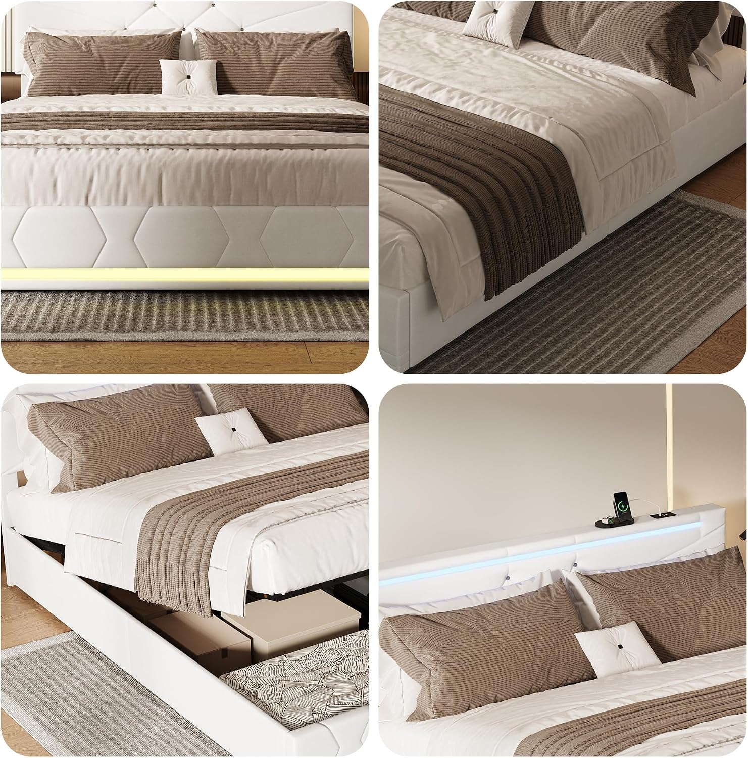 Lit Coffre BRILVERDE | LED RGB & Port USB | Sommier à Lattes | Tissu Lin | 90 à 160 x 200 cm