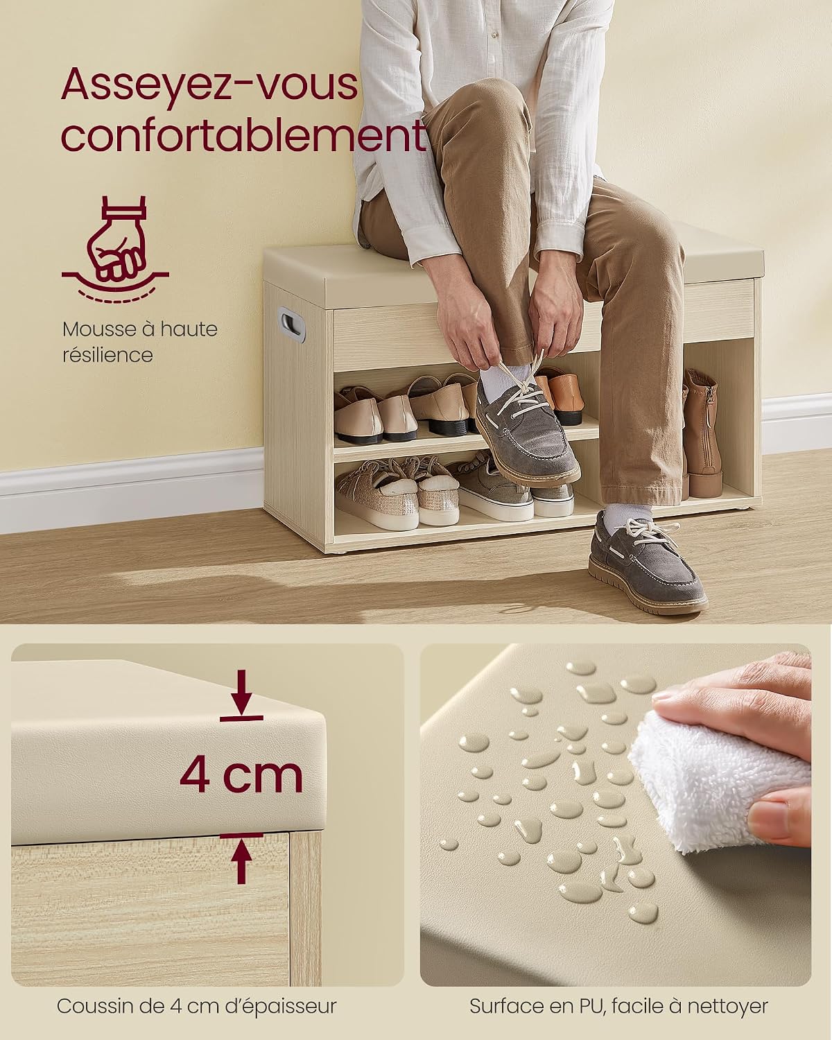 Banc à Chaussures Rembourré VASAGLE – Rangement 3 Compartiments, Style Vintage, 80 cm