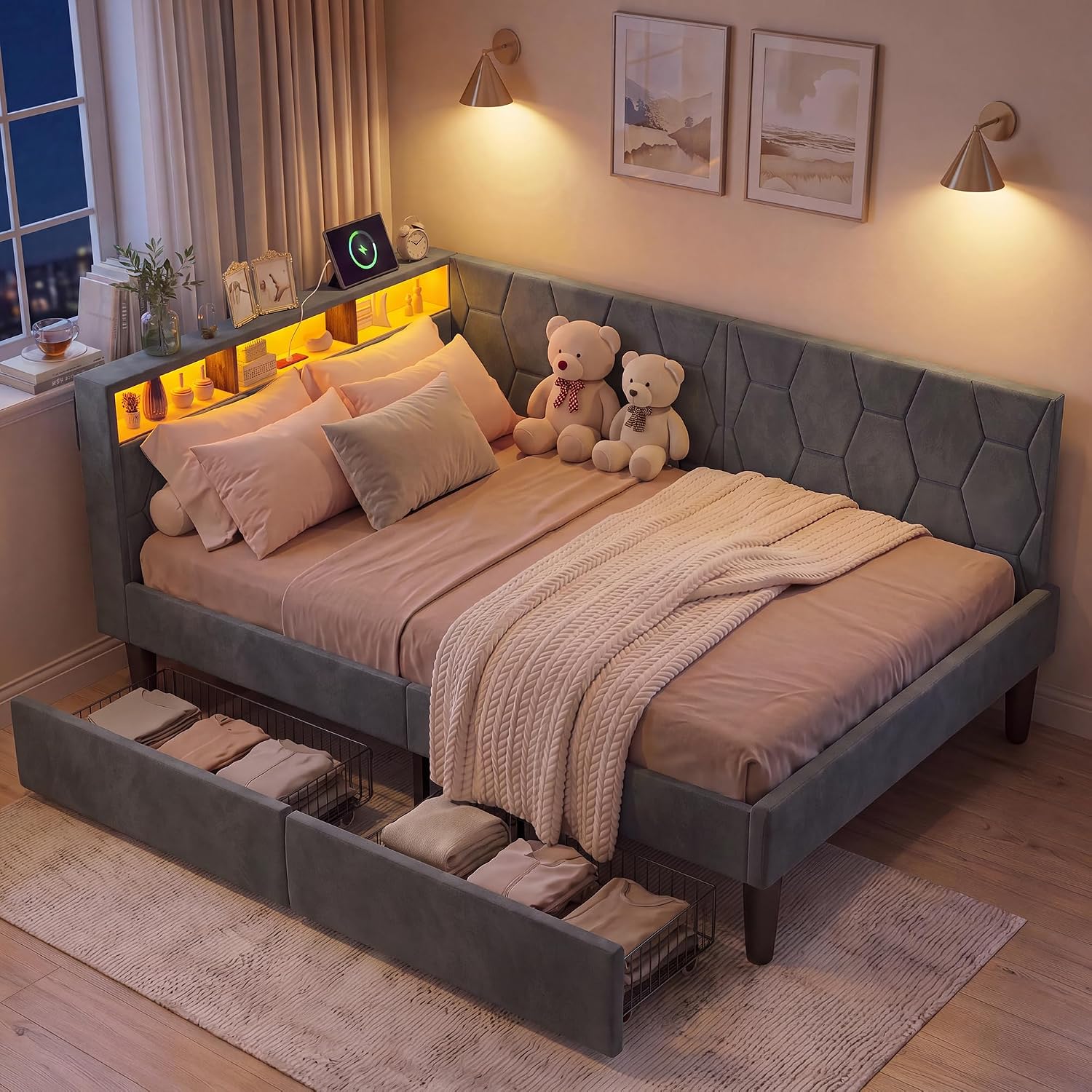 Lit Coffre 90x200 cm – Tête de Lit Rangement, Éclairage LED 16 Couleurs & Ports USB/USB-C