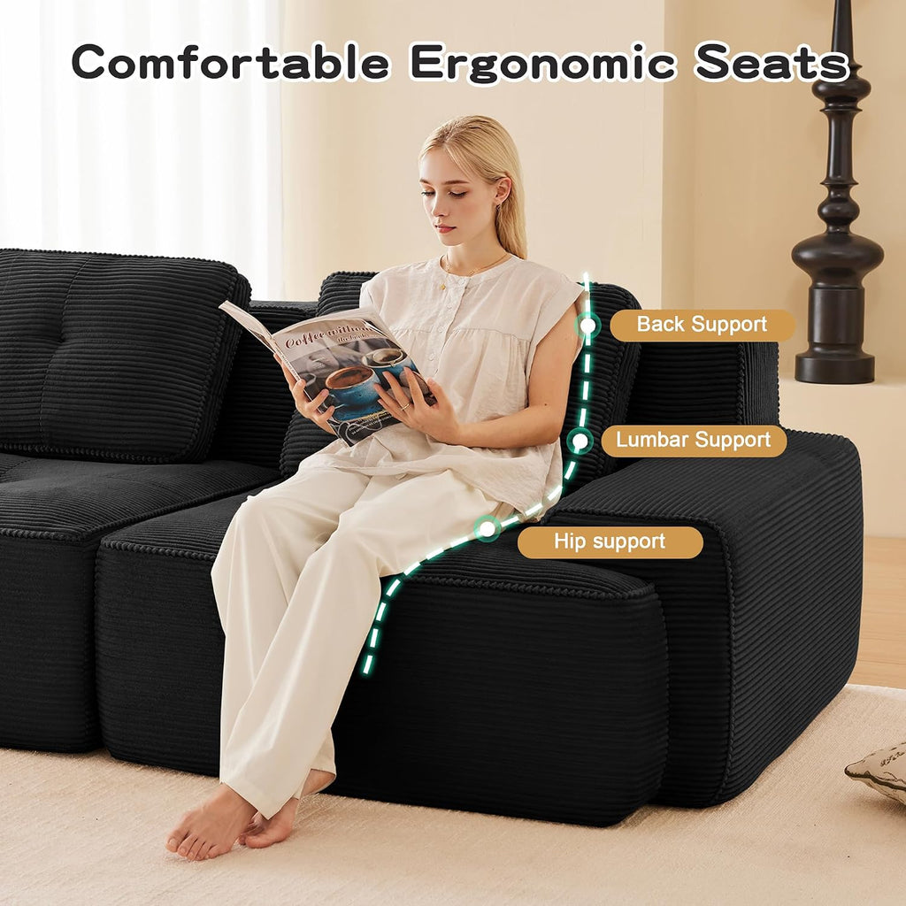 Canapé modulable en L Bladez – 3+1 places – Tissu côtelé kaki clair – Assise profonde