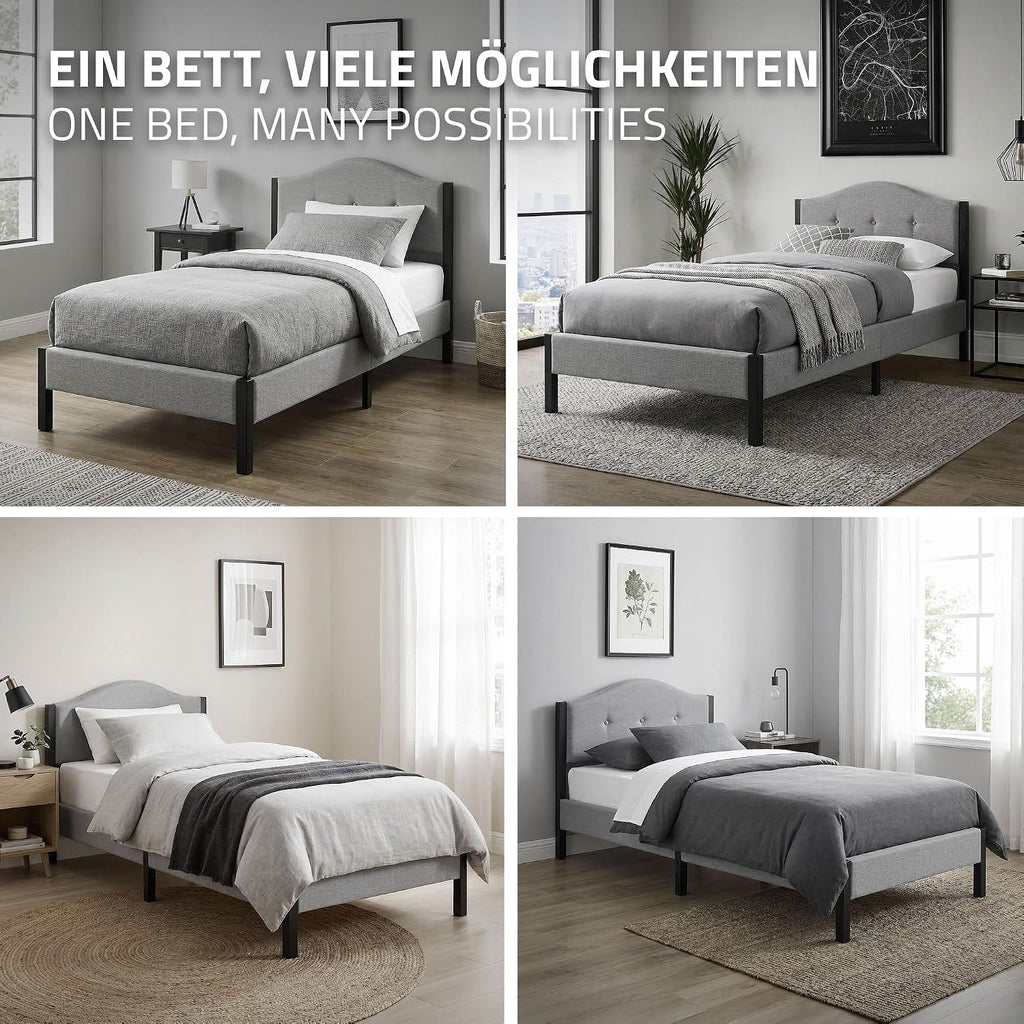 Lit Rembourré ML-Design | Cadre en Acier, Sommier à Lattes, Tête de Lit | Tissu Lin Beige ou Gris | 90/140/160/180 x 200 cm