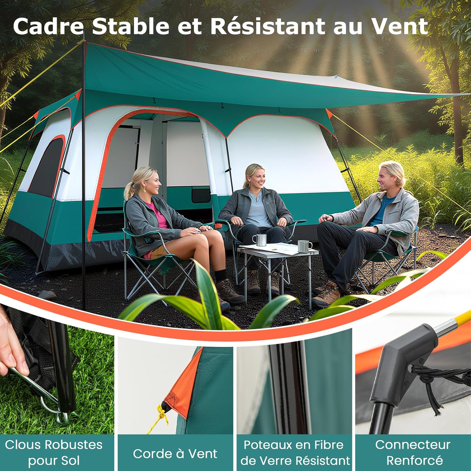 GYMAX Grote campingtent met luifel, 2 aparte slaapkamers, dakraam, afneembaar regenzeil, deuren en ramen, oprolbaar, voor buiten, concerten, picknick