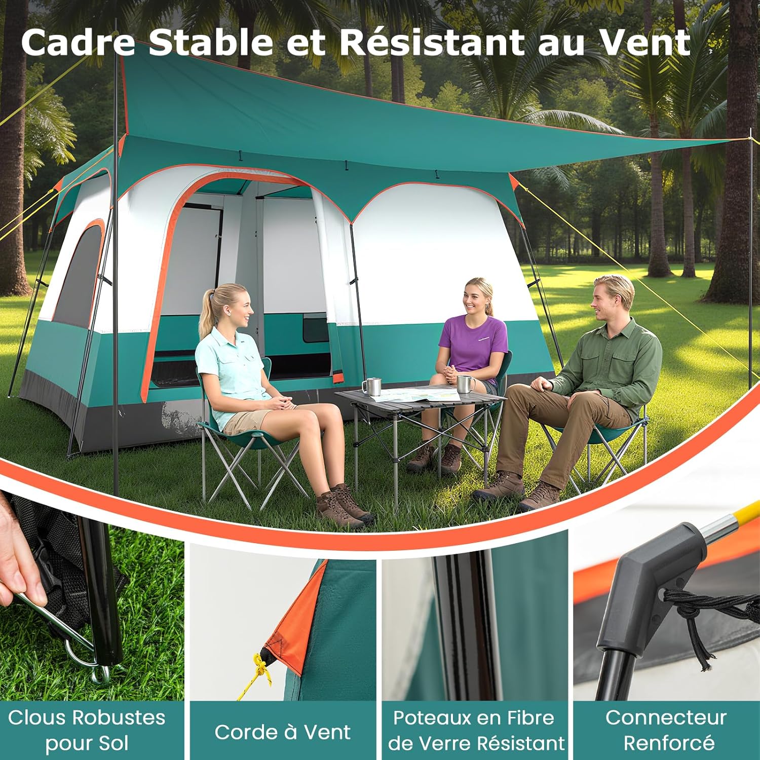 GYMAX Grote campingtent met luifel, 2 aparte slaapkamers, dakraam, afneembaar regenzeil, deuren en ramen, oprolbaar, voor buiten, concerten, picknick