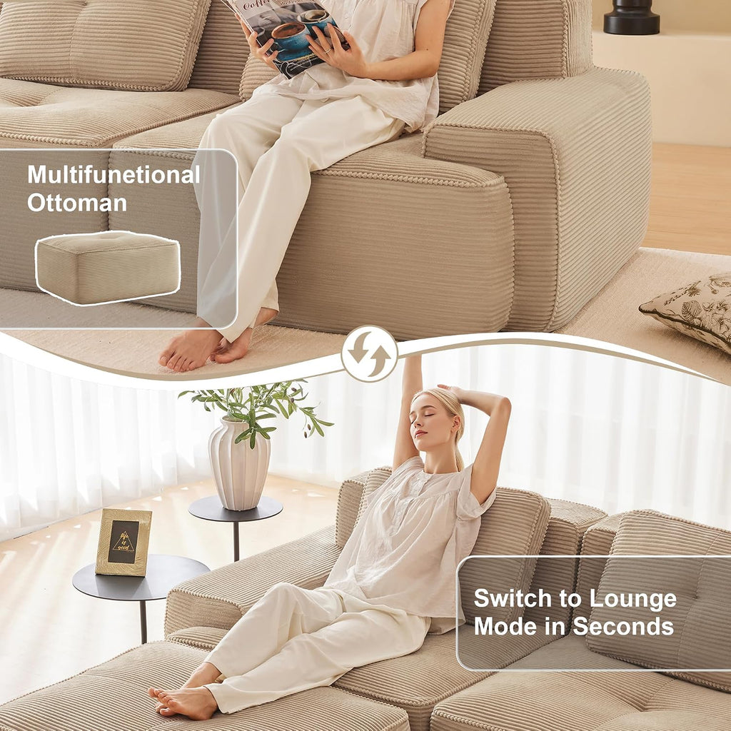 Canapé modulable en L Bladez – 3+1 places – Tissu côtelé kaki clair – Assise profonde