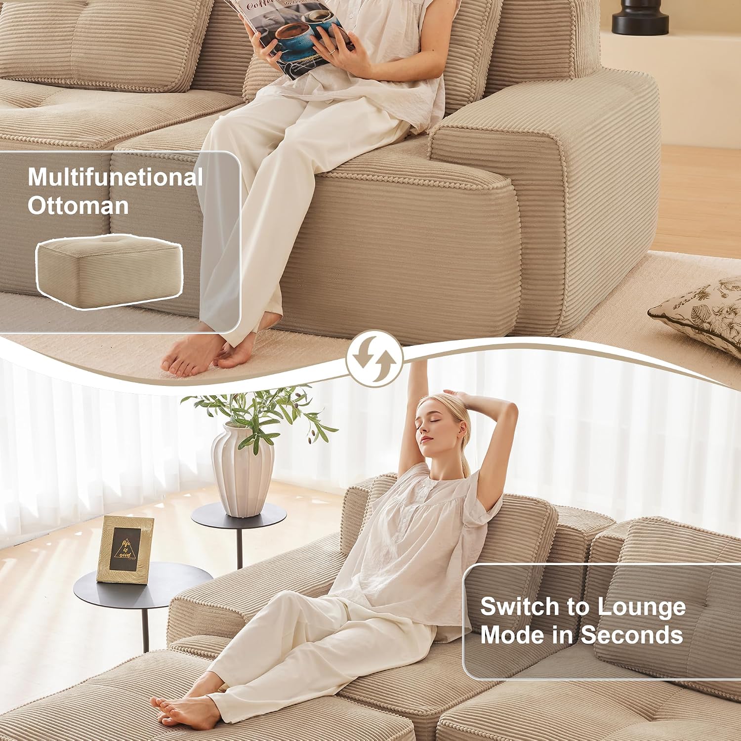 Canapé modulable en L Bladez – 3+1 places – Tissu côtelé kaki clair – Assise profonde