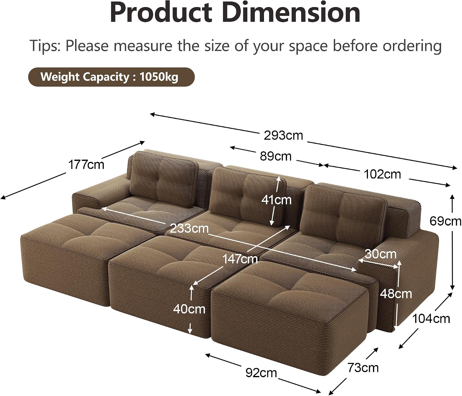 Canapé Modulable Cloud en Velours Côtelé – Assise Profonde, Convertible, Sans Montage