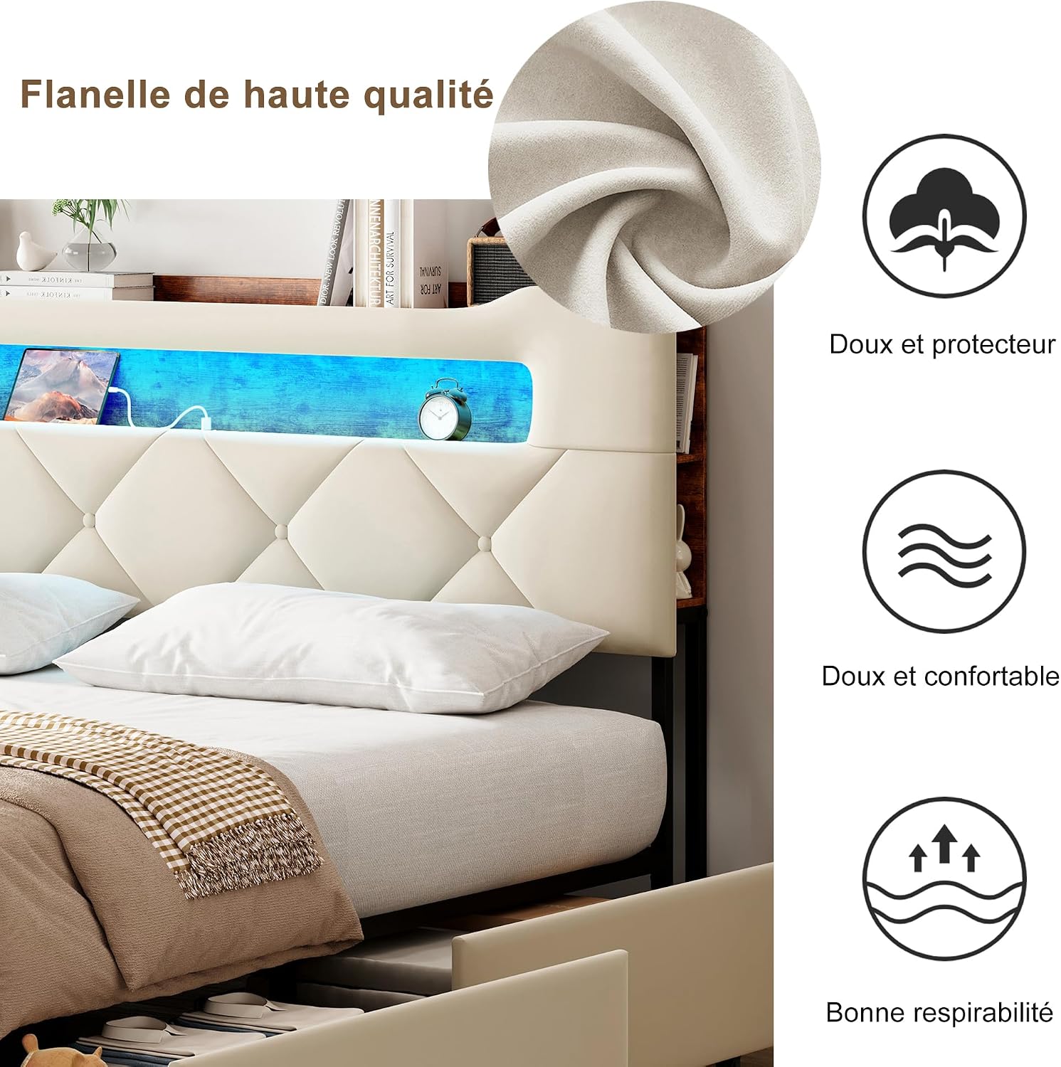 Lit Double 140x200 cm – 4 Tiroirs de Rangement, Éclairage LED +6000 Couleurs & Tête de Lit Réglable en PU