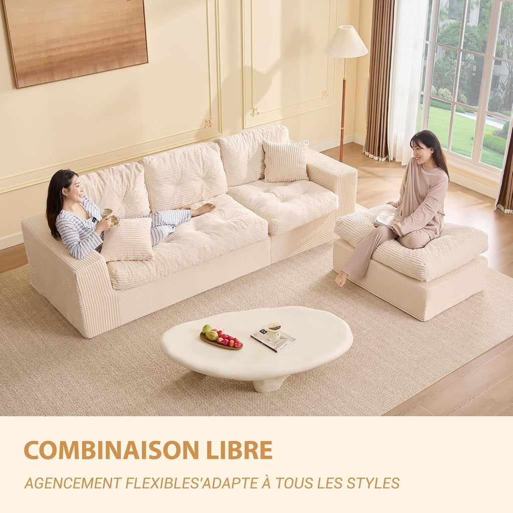 Canapé d'angle modulable Litbird – 3 places + pouf – Velours côtelé beige – Sans montage