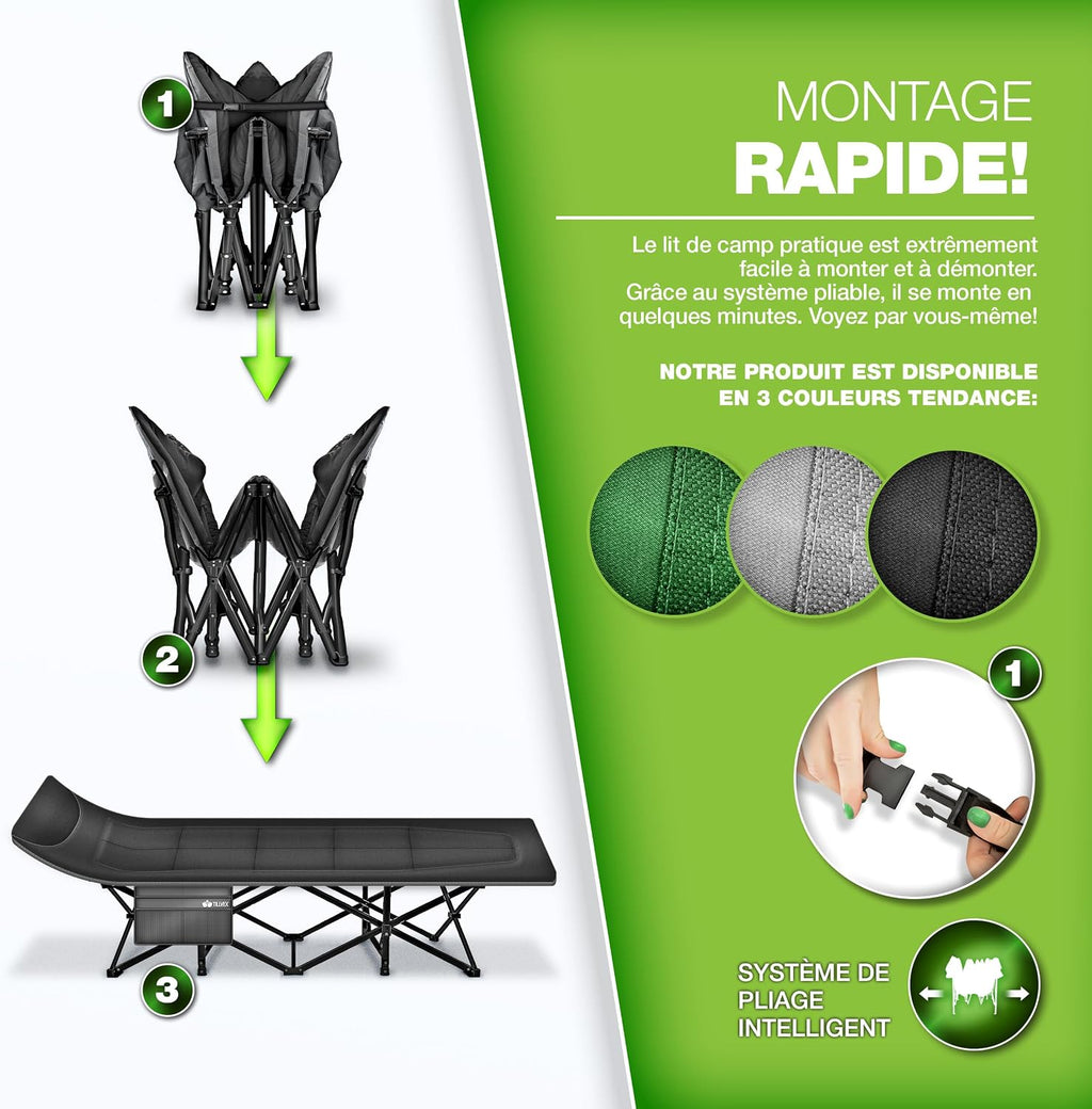 tillvex® Opvouwbaar campingbed met draagtas tot 200 kg, extra grote campingstoel, campingbed voor binnen en buiten, opvouwbaar logeerbed voor tuin, camping, vissen,
