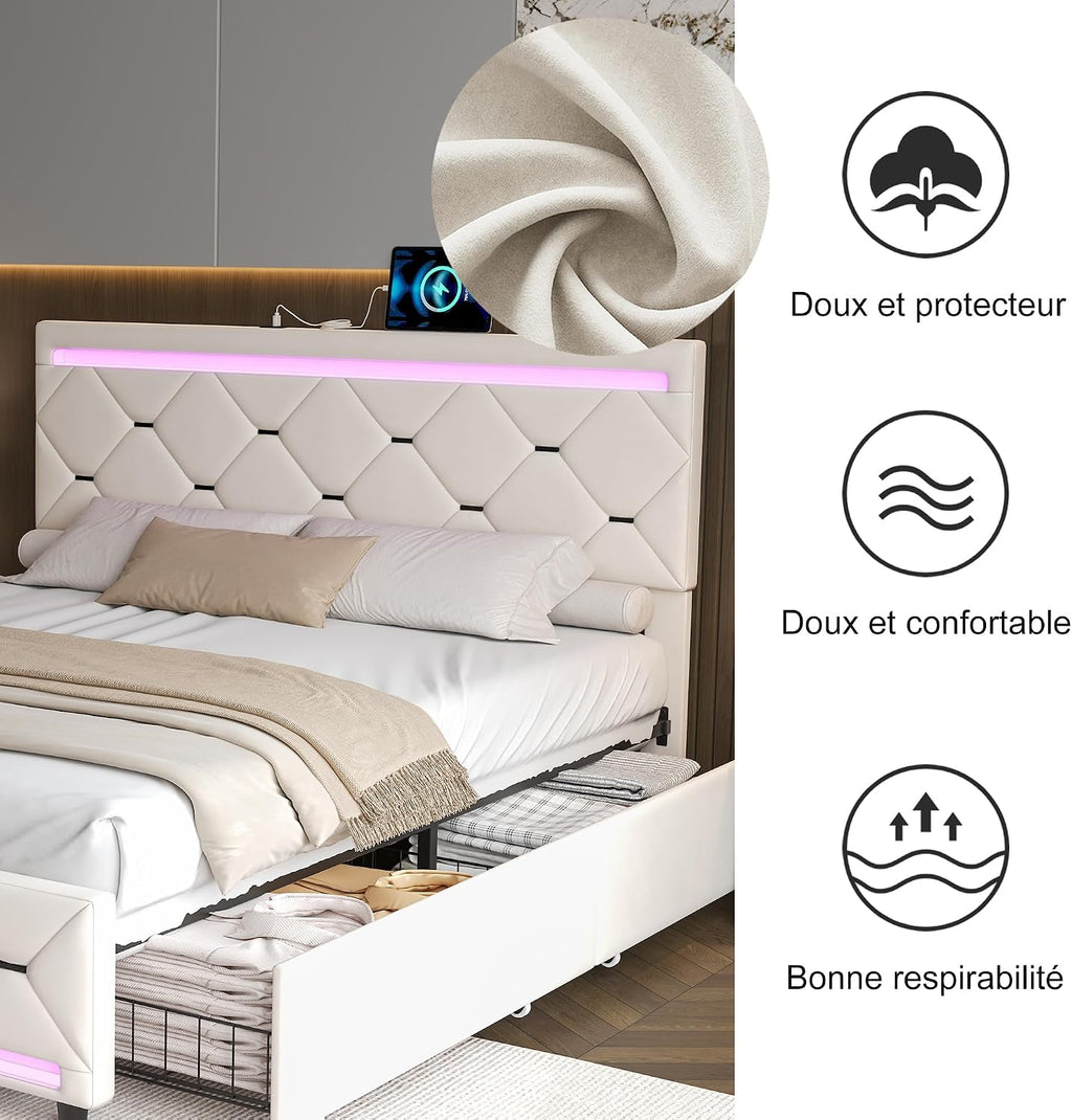 Lit Double 140x200 cm – 4 Tiroirs de Rangement, Éclairage LED +6000 Couleurs & Tête de Lit Réglable en PU