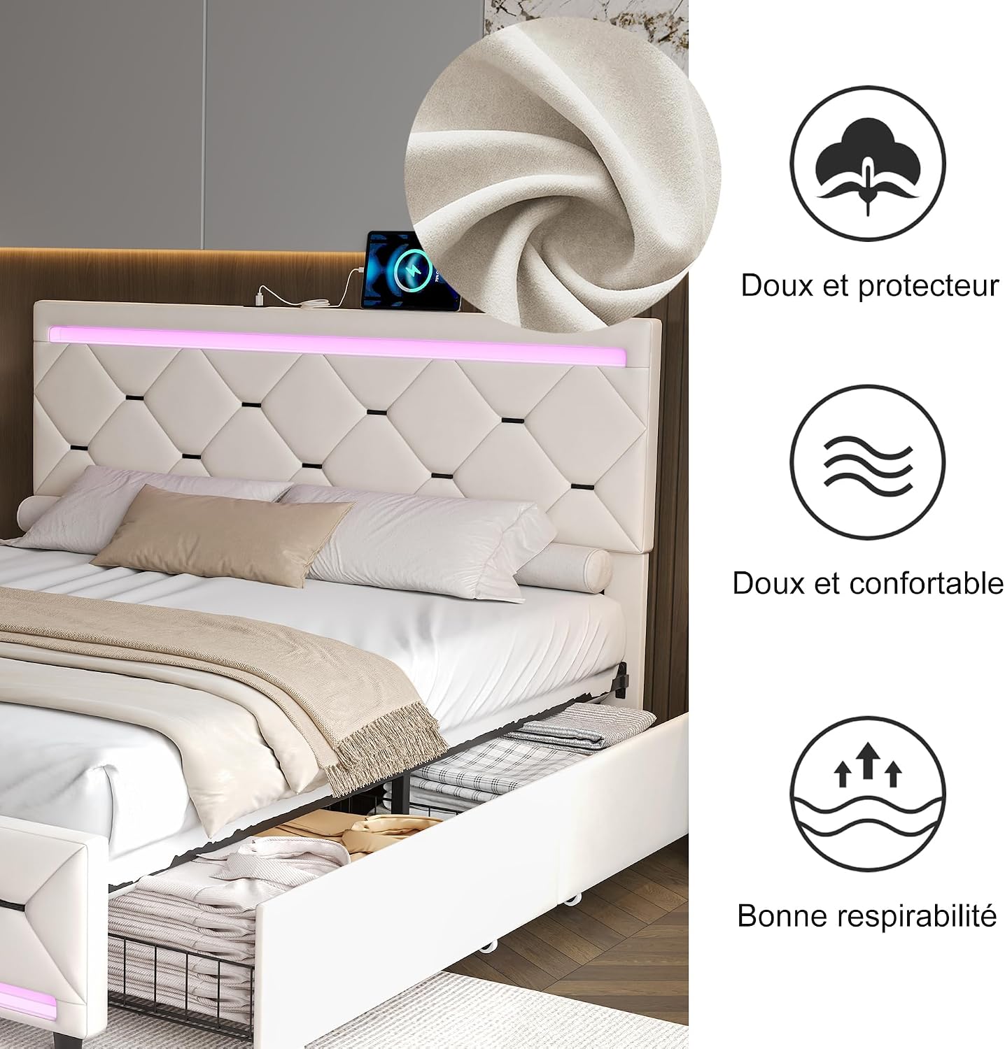 Lit Double 140x200 cm – 4 Tiroirs de Rangement, Éclairage LED +6000 Couleurs & Tête de Lit Réglable en PU