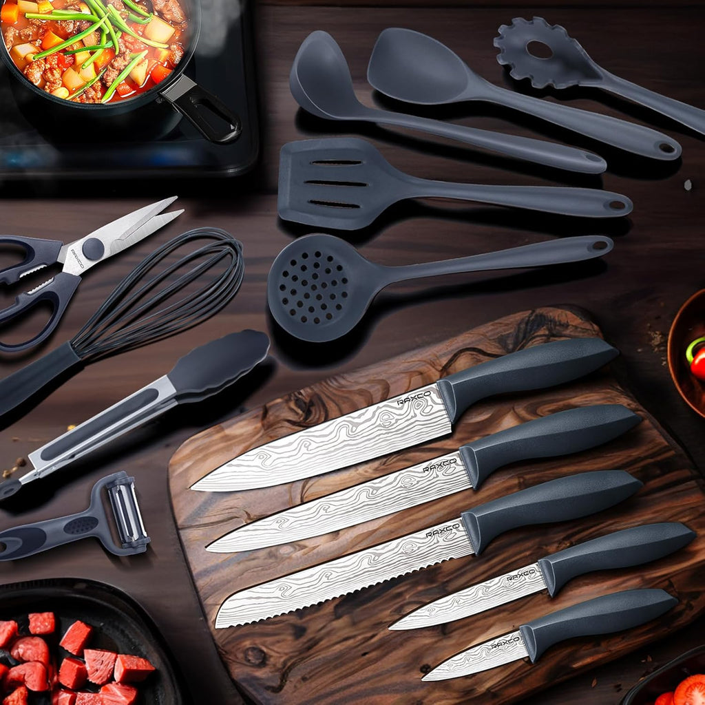 Set de Cuisine RAXCO 18 Pièces — 5 Couteaux Inox + 7 Spatules Silicone + Bloc