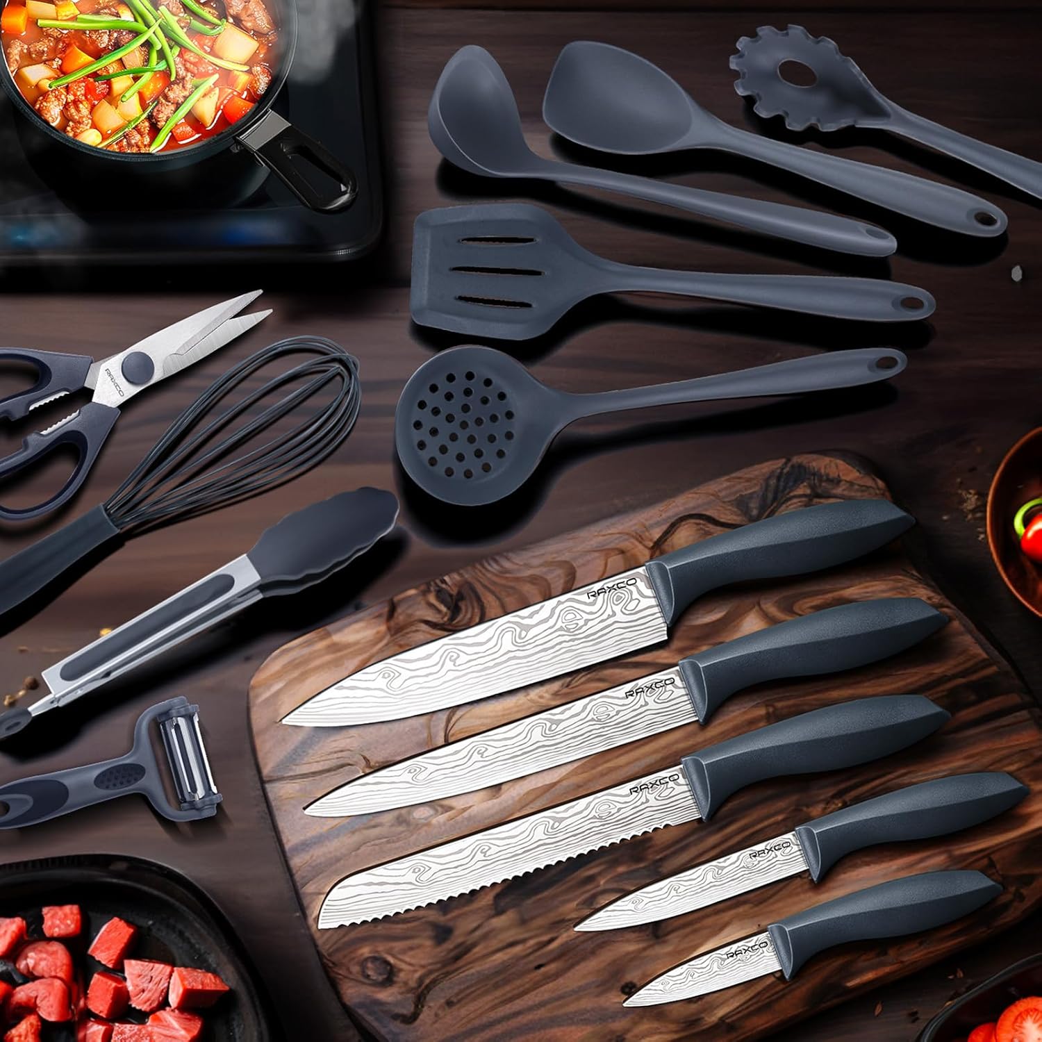 Set de Cuisine RAXCO 18 Pièces — 5 Couteaux Inox + 7 Spatules Silicone + Bloc