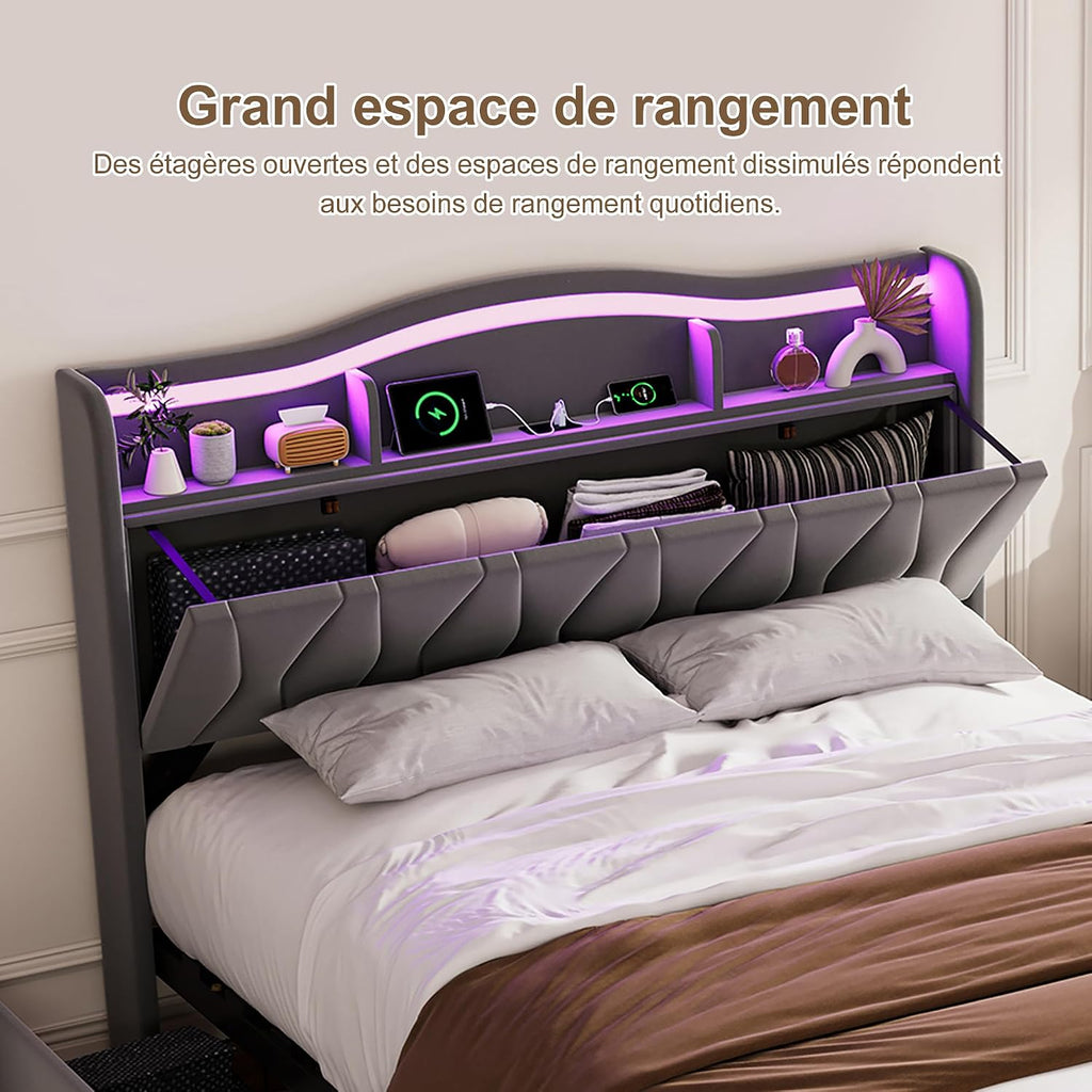 Lit Double 140x200 cm – 4 Tiroirs de Rangement, Éclairage LED +6000 Couleurs & Tête de Lit Réglable en PU