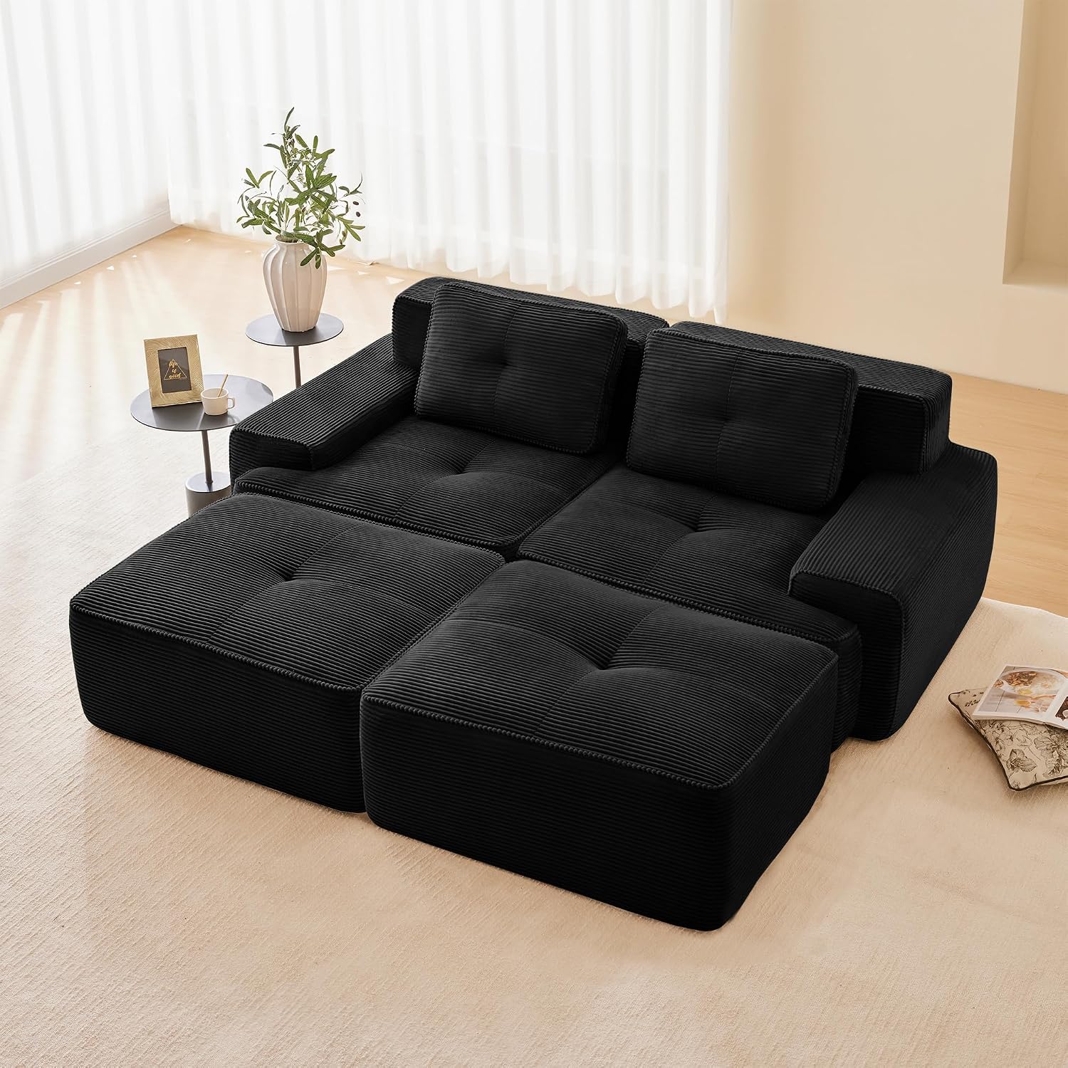 Canapé modulable en L Bladez – 3+1 places – Tissu côtelé kaki clair – Assise profonde