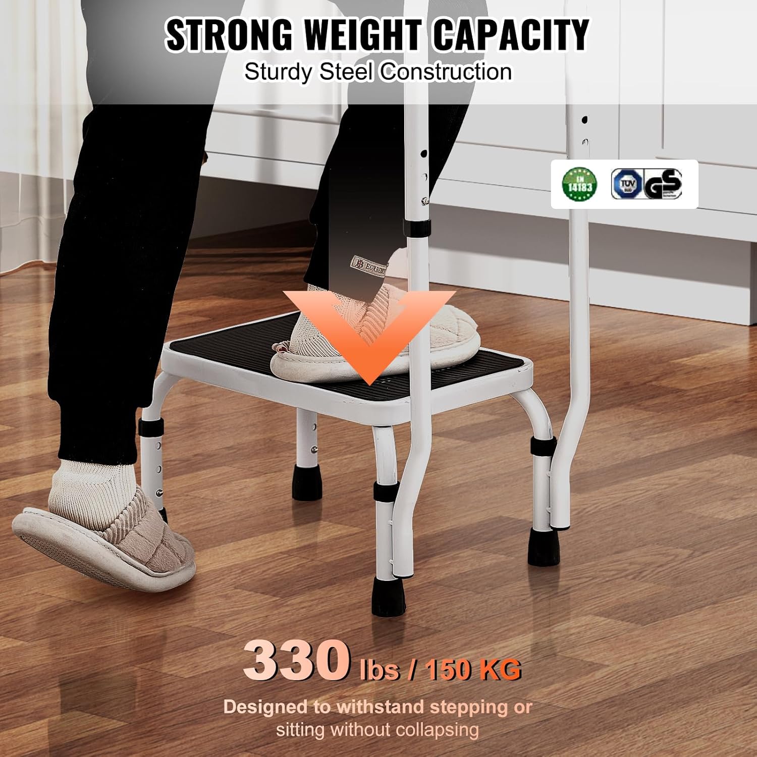 VEVOR Ladder met 1 treden, capaciteit 150 kg, opvouwbare ladder van staal, 3 verstelbare hoogtes, draagbare trapladder voor peuters voor volwassenen, robuuste antislip trapladder voor kantoor, camper
