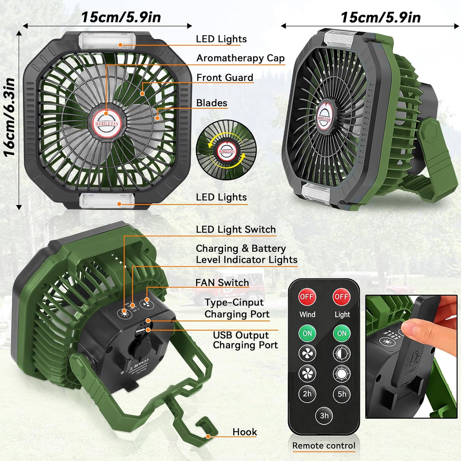 Campingventilator, 7800 mAh, draagbaar, oplaadbaar, met ledlamp, 4 ventilatiesnelheden, met afstandsbediening, voor kamperen in de open lucht, strand en reistenten
