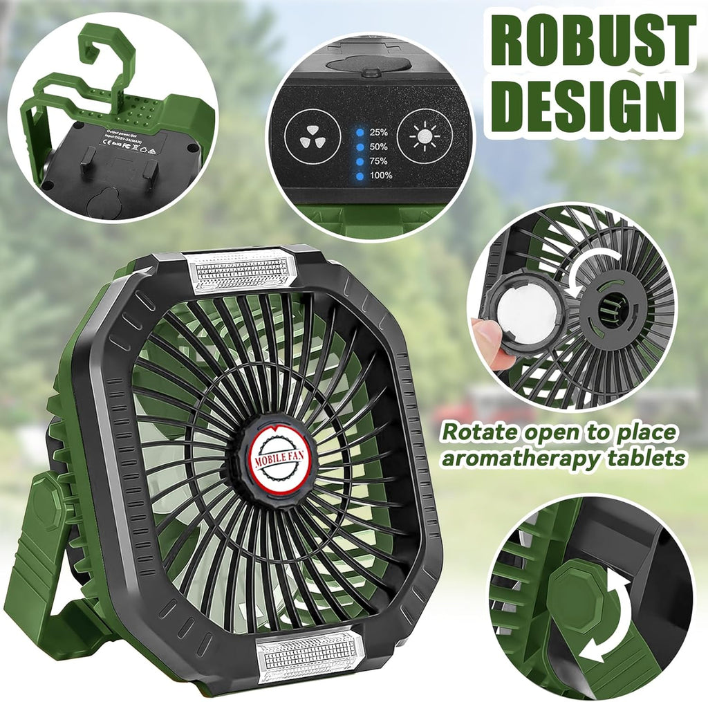 Campingventilator, 7800 mAh, draagbaar, oplaadbaar, met ledlamp, 4 ventilatiesnelheden, met afstandsbediening, voor kamperen in de open lucht, strand en reistenten