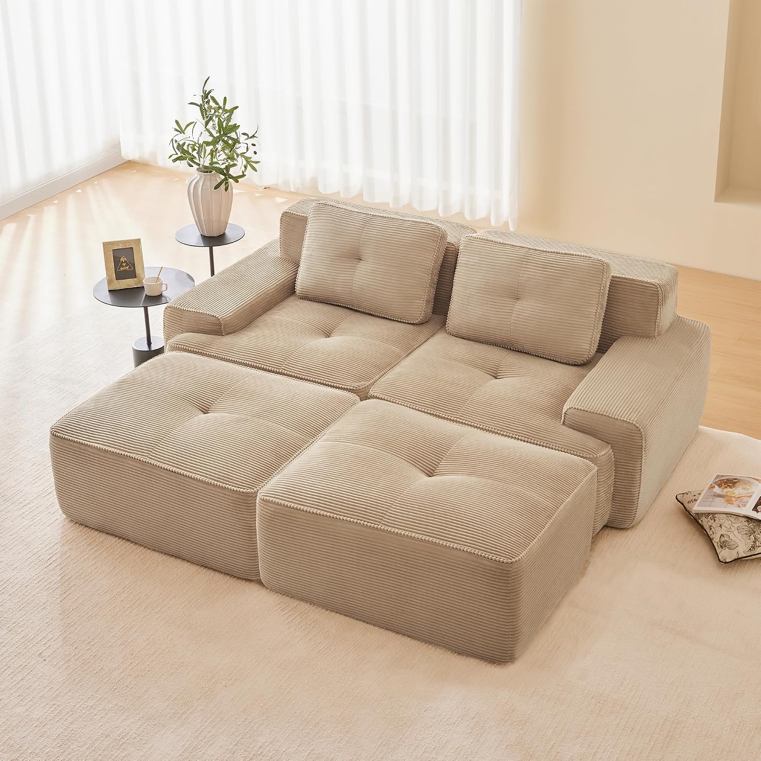 Canapé modulable en L Bladez – 3+1 places – Tissu côtelé kaki clair – Assise profonde