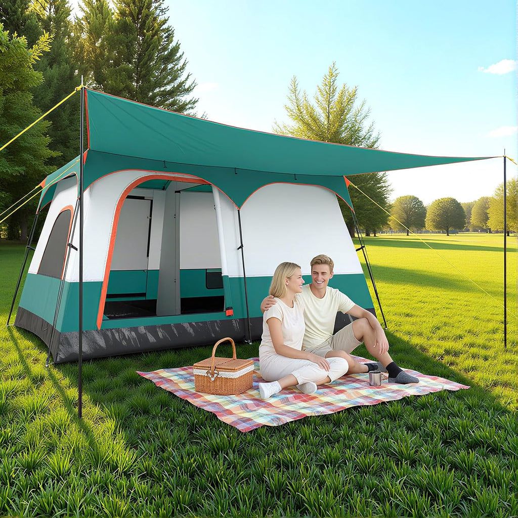 GYMAX Grote campingtent met luifel, 2 aparte slaapkamers, dakraam, afneembaar regenzeil, deuren en ramen, oprolbaar, voor buiten, concerten, picknick