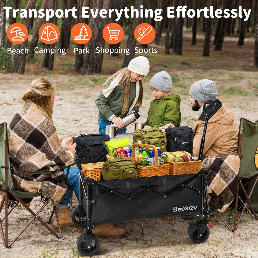 BELEEV Opvouwbare trolley met remmen, strandwagen 6 inch wielen voor alle terreinen, verstelbare handgreep, grote capaciteit van 130 l, 100 kg, voor buiten, camping, festival, BBQ, picknick, camping, zwart
