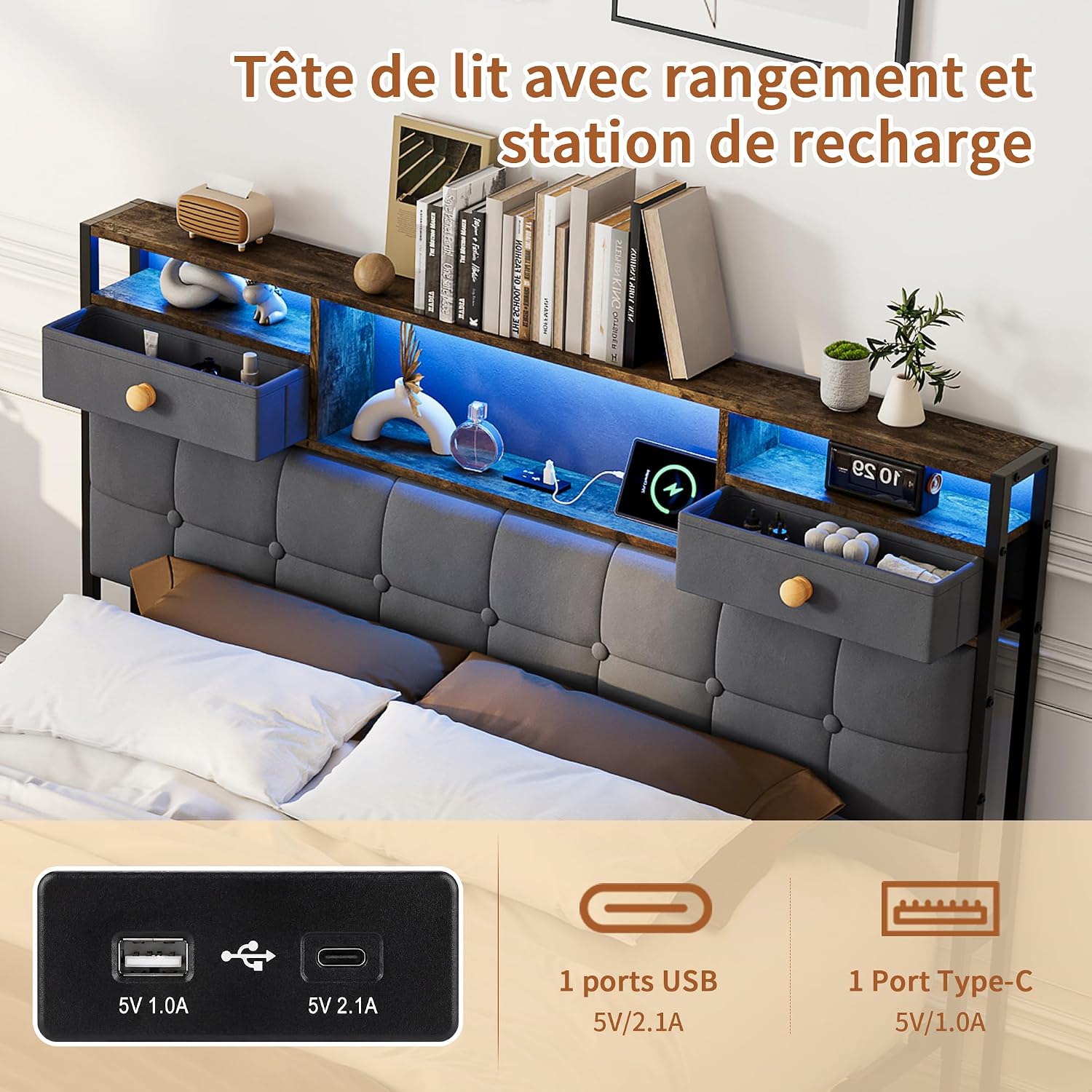 Lit Double 140x200 cm – 4 Tiroirs de Rangement, Éclairage LED +6000 Couleurs & Tête de Lit Réglable en PU