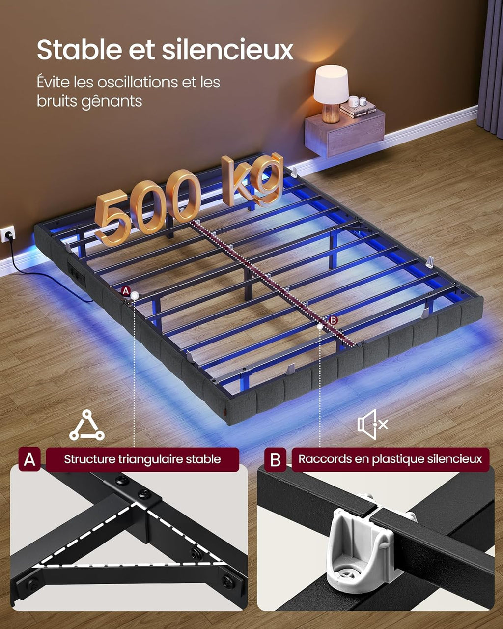 Cadre de Lit 90 x 200 cm avec Lumières LED & Prise Intégrée – Effet Flottant – Gris Ardoise – Charge 250 kg