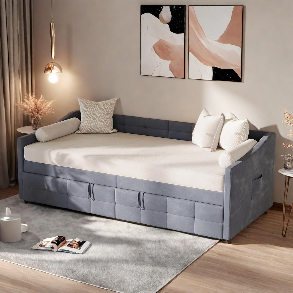 Canapé-Lit Convertible LKPOMI 2 Places — Velours Beige, Lit 180x200 cm