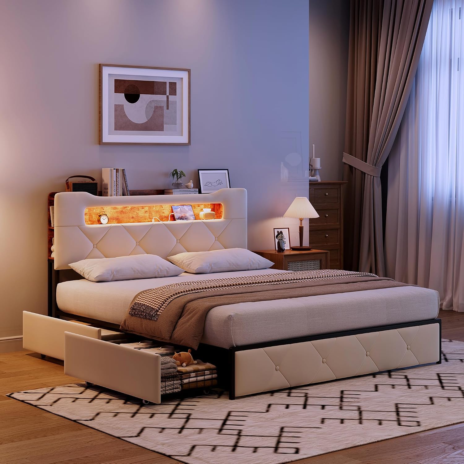 Lit Double 140x200 cm – 4 Tiroirs de Rangement, Éclairage LED +6000 Couleurs & Tête de Lit Réglable en PU
