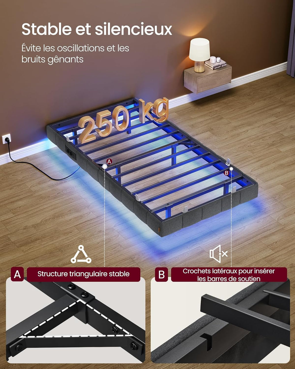 Cadre de Lit 90 x 200 cm avec Lumières LED & Prise Intégrée – Effet Flottant – Gris Ardoise – Charge 250 kg