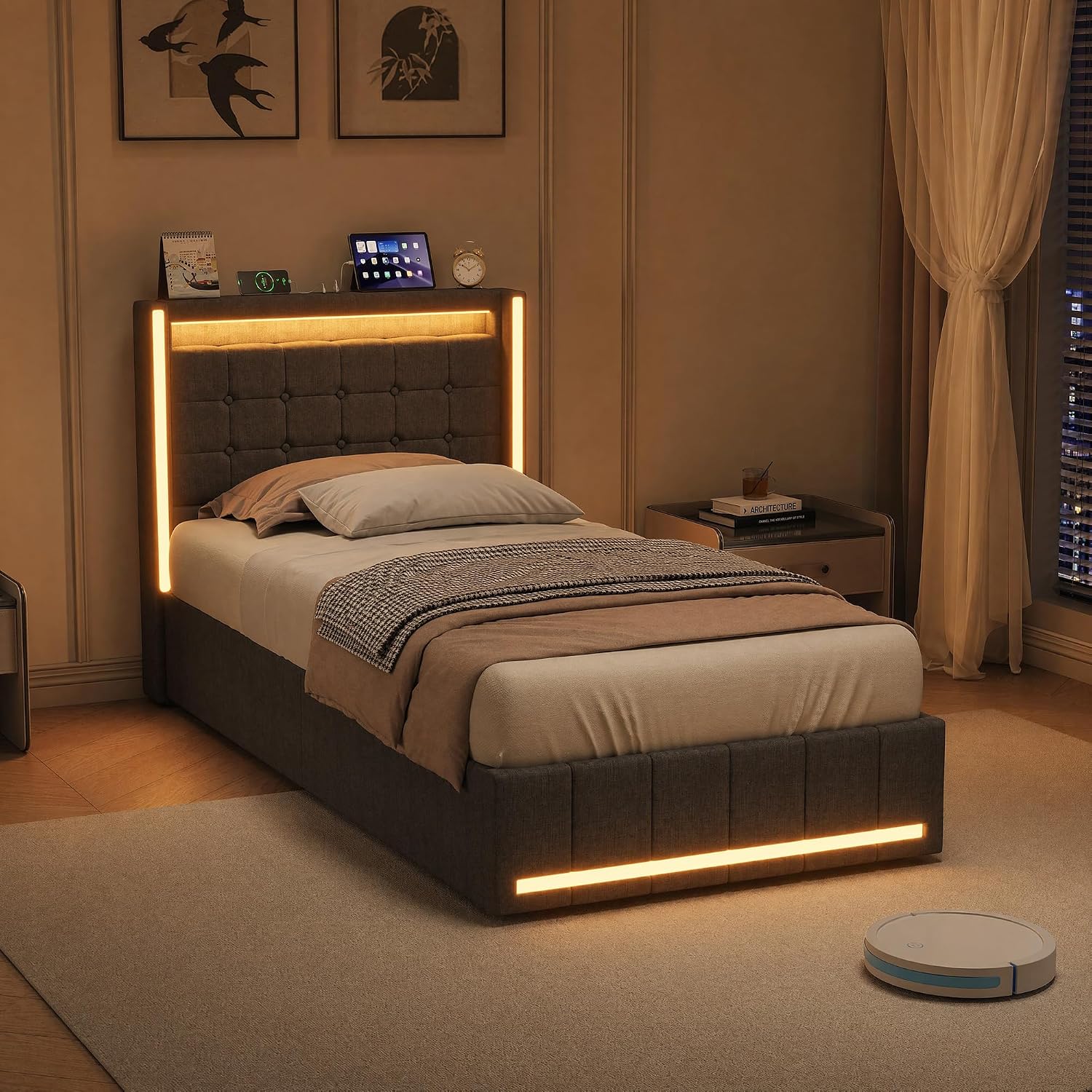 Lit Coffre 90x200 cm – Tête de Lit Rangement, Éclairage LED 16 Couleurs & Ports USB/USB-C