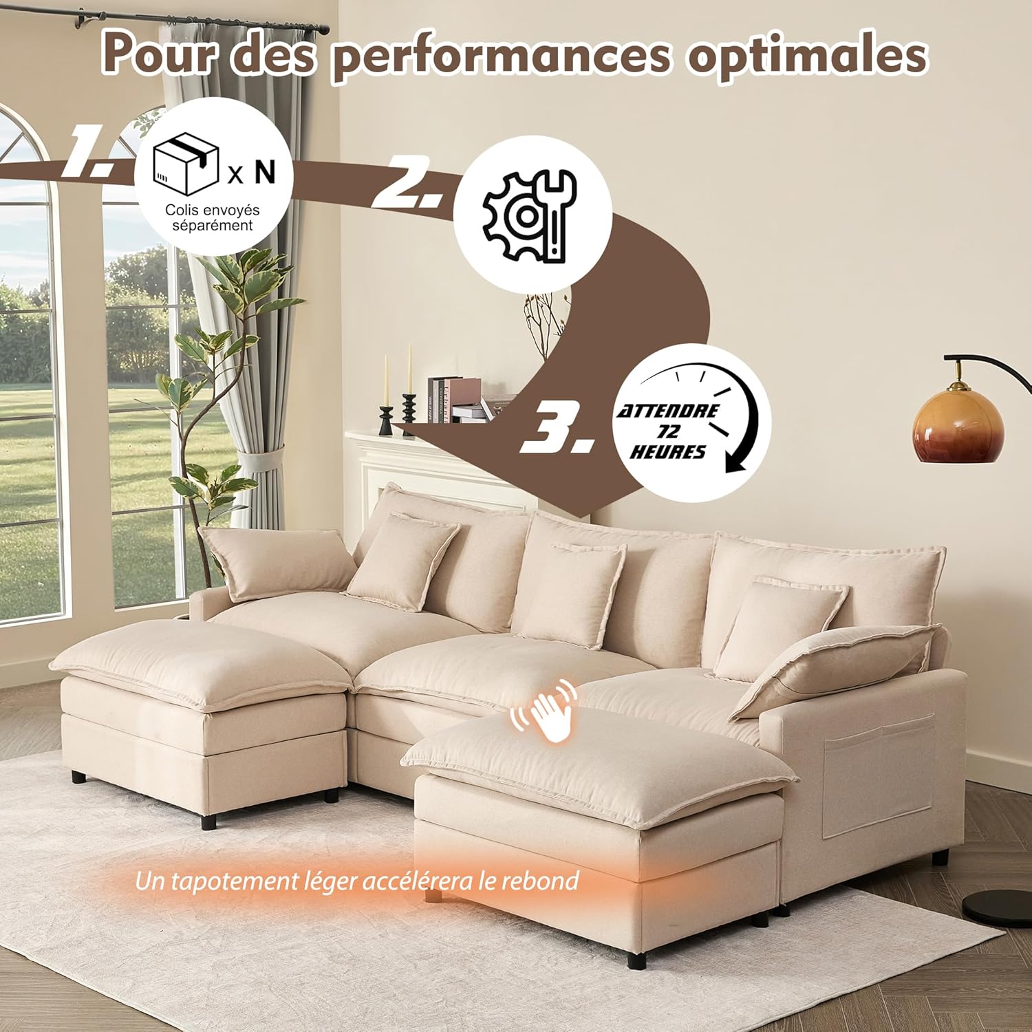 Canapé Modulable Litbird 3 Places — Velours Côtelé, Rose Pâle, Convertible