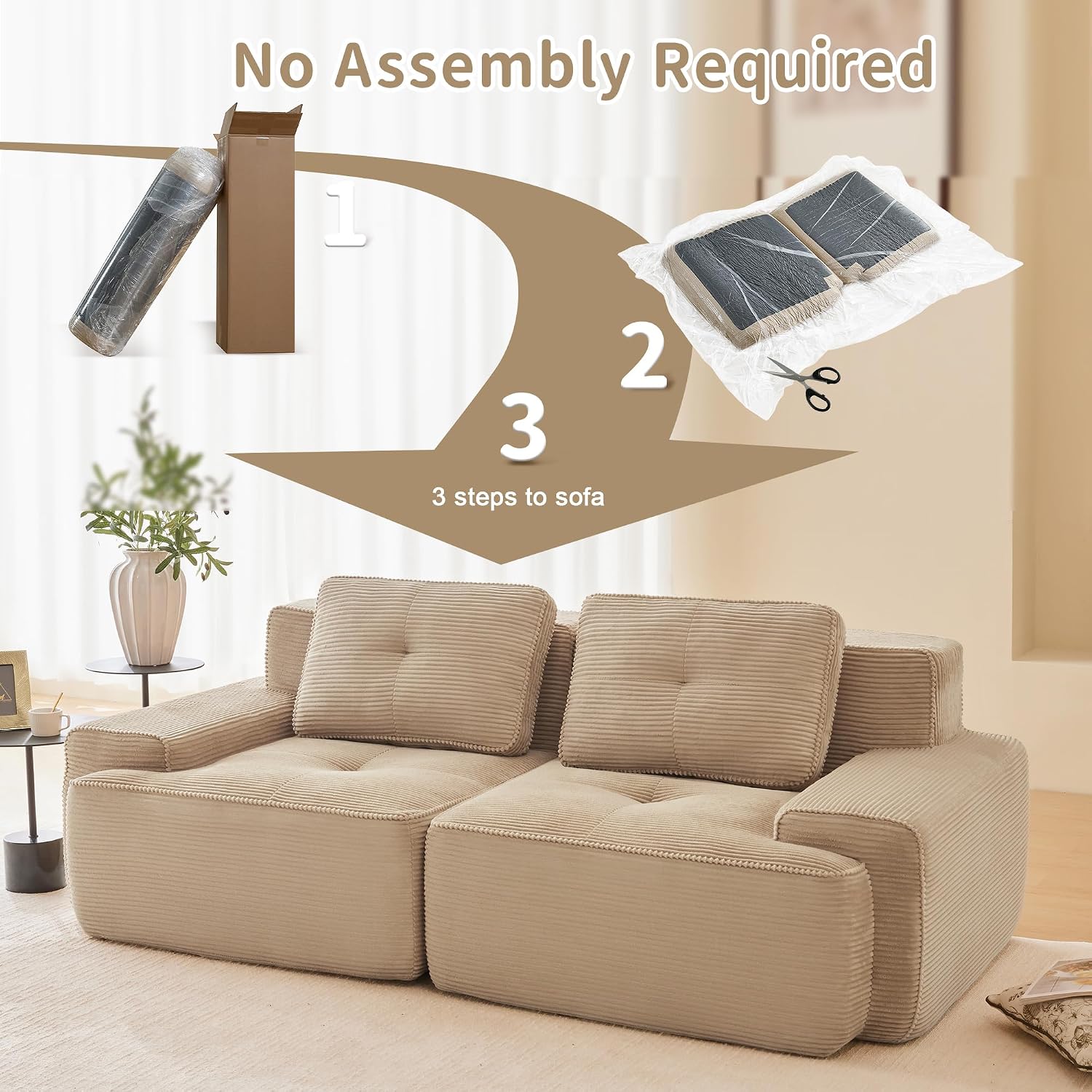 Canapé modulable en L Bladez – 3+1 places – Tissu côtelé kaki clair – Assise profonde