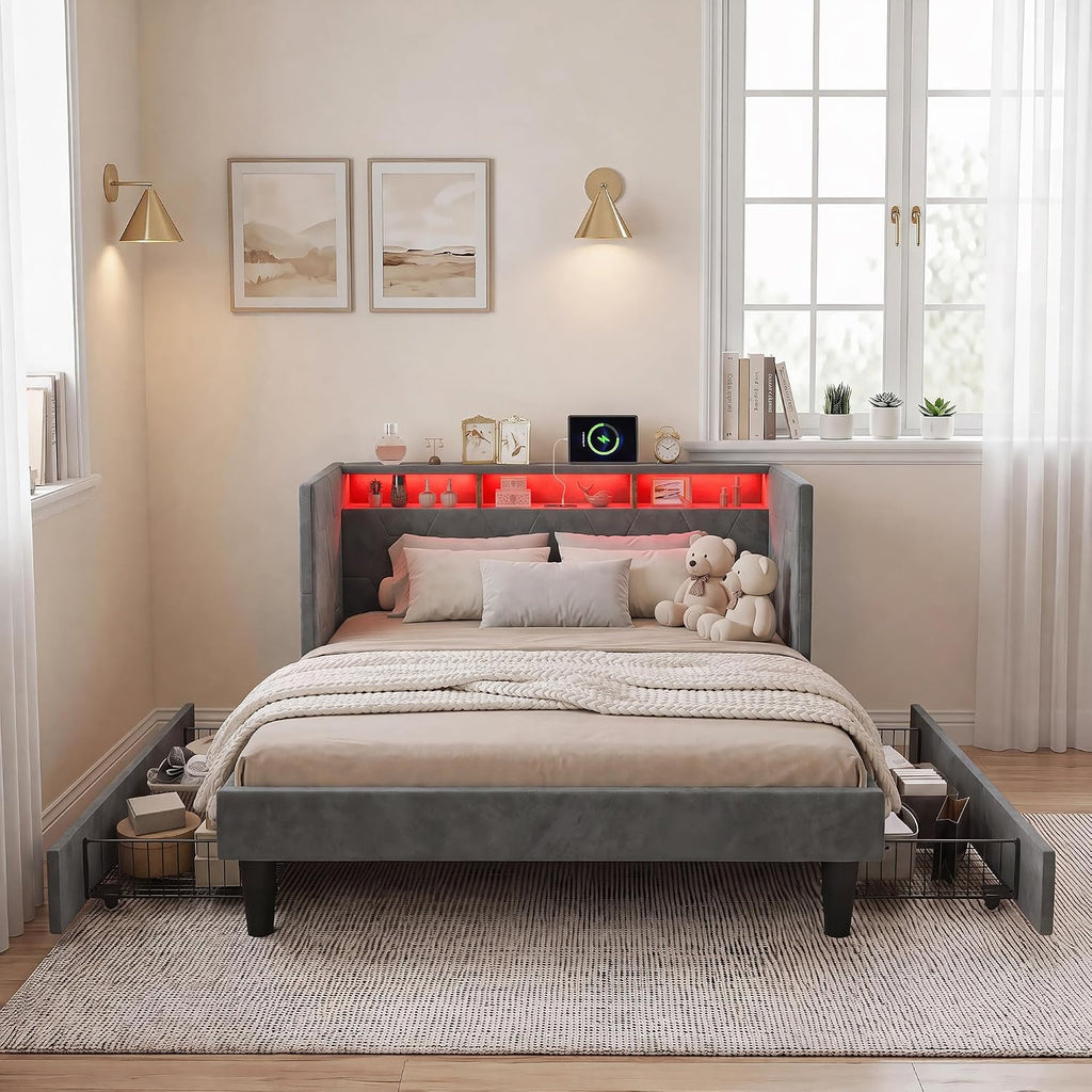 Lit Coffre 90x200 cm – Tête de Lit Rangement, Éclairage LED 16 Couleurs & Ports USB/USB-C